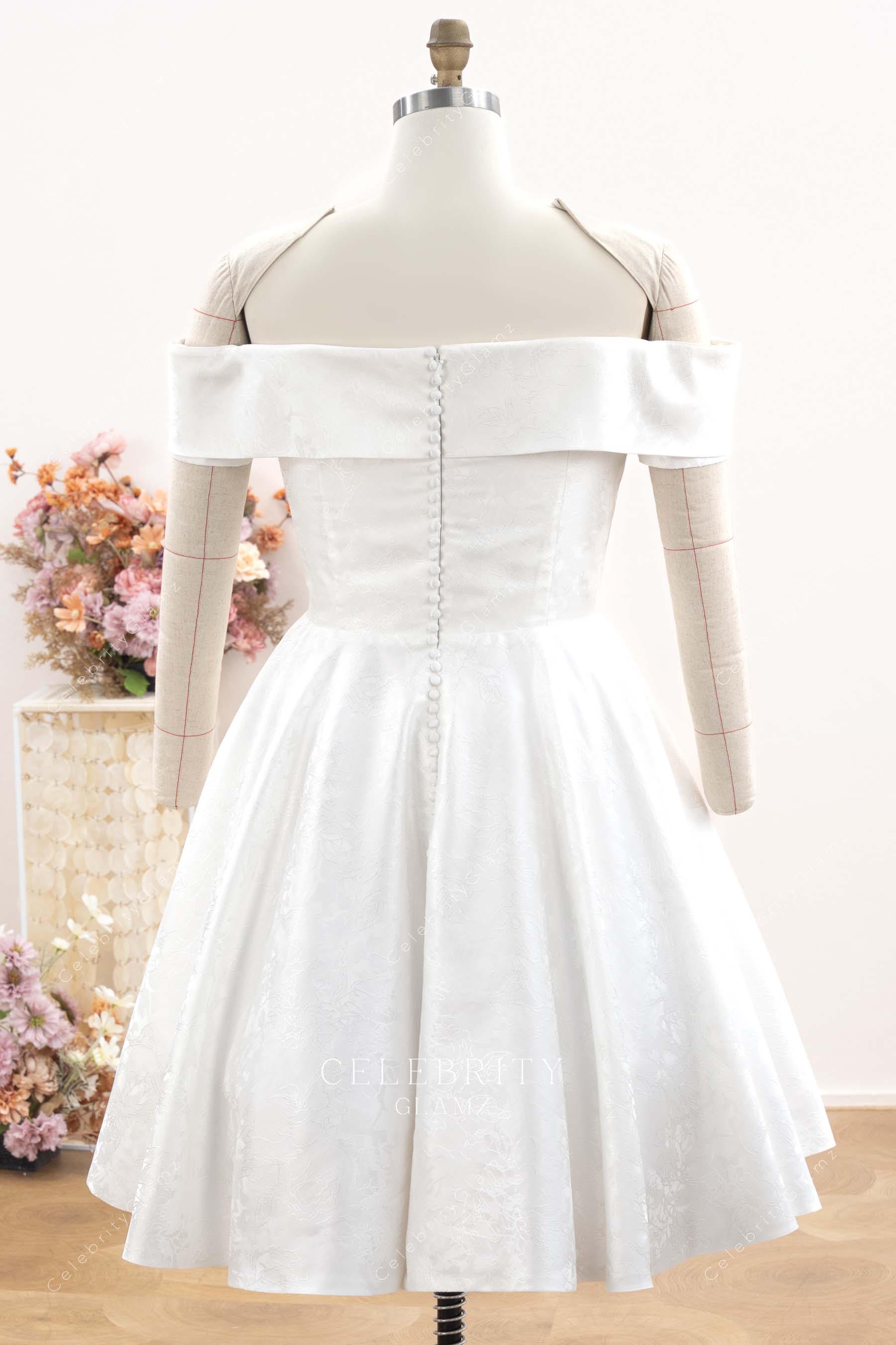 Jacquard off shoulder back bridal dress