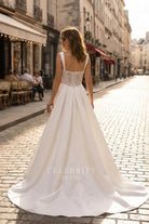lace satin a line long bridal dress