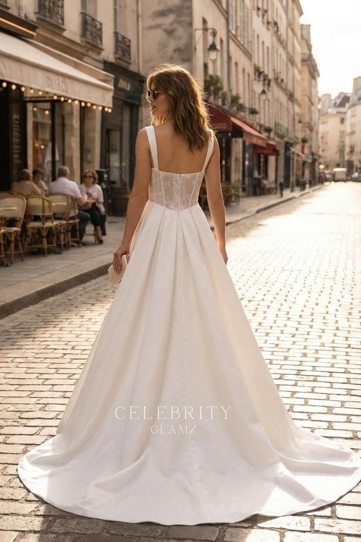 lace satin a line long bridal dress