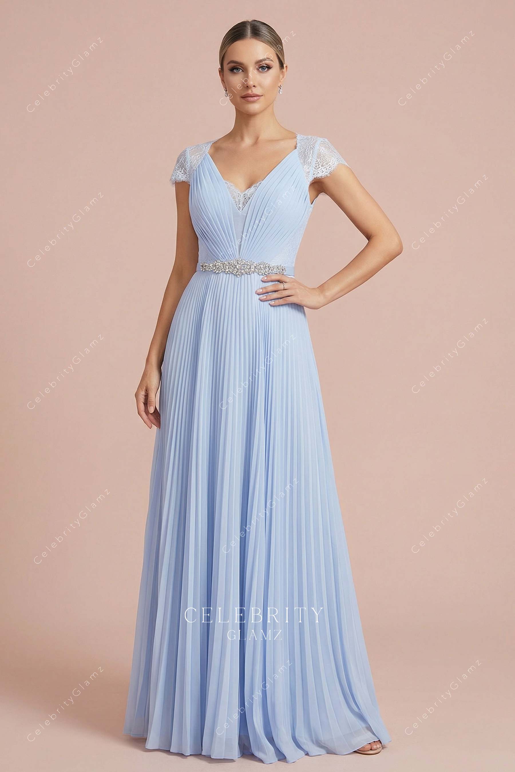 Lavender chiffon plunging neck a line formal dress
