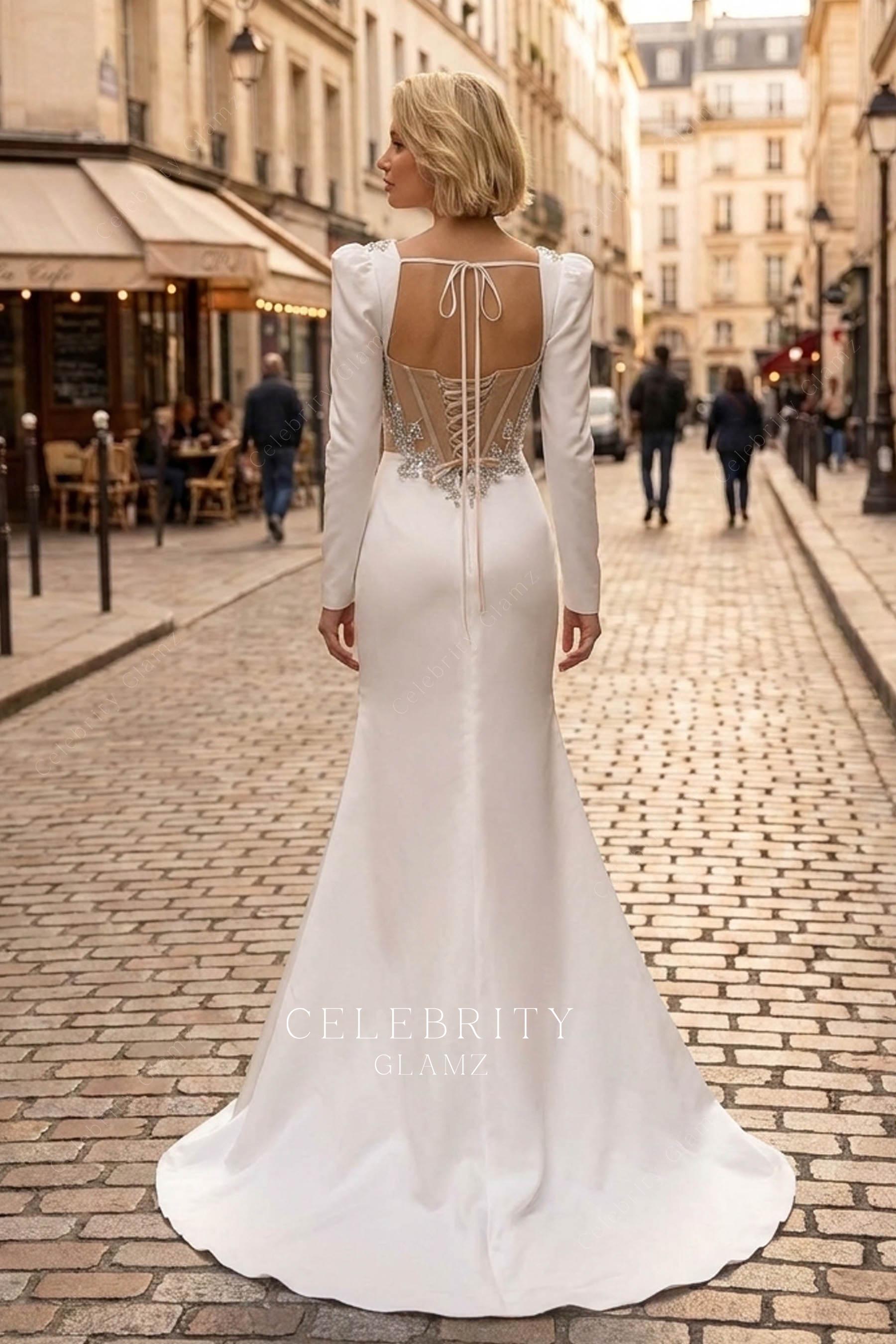 modern satin fit flare wedding dress