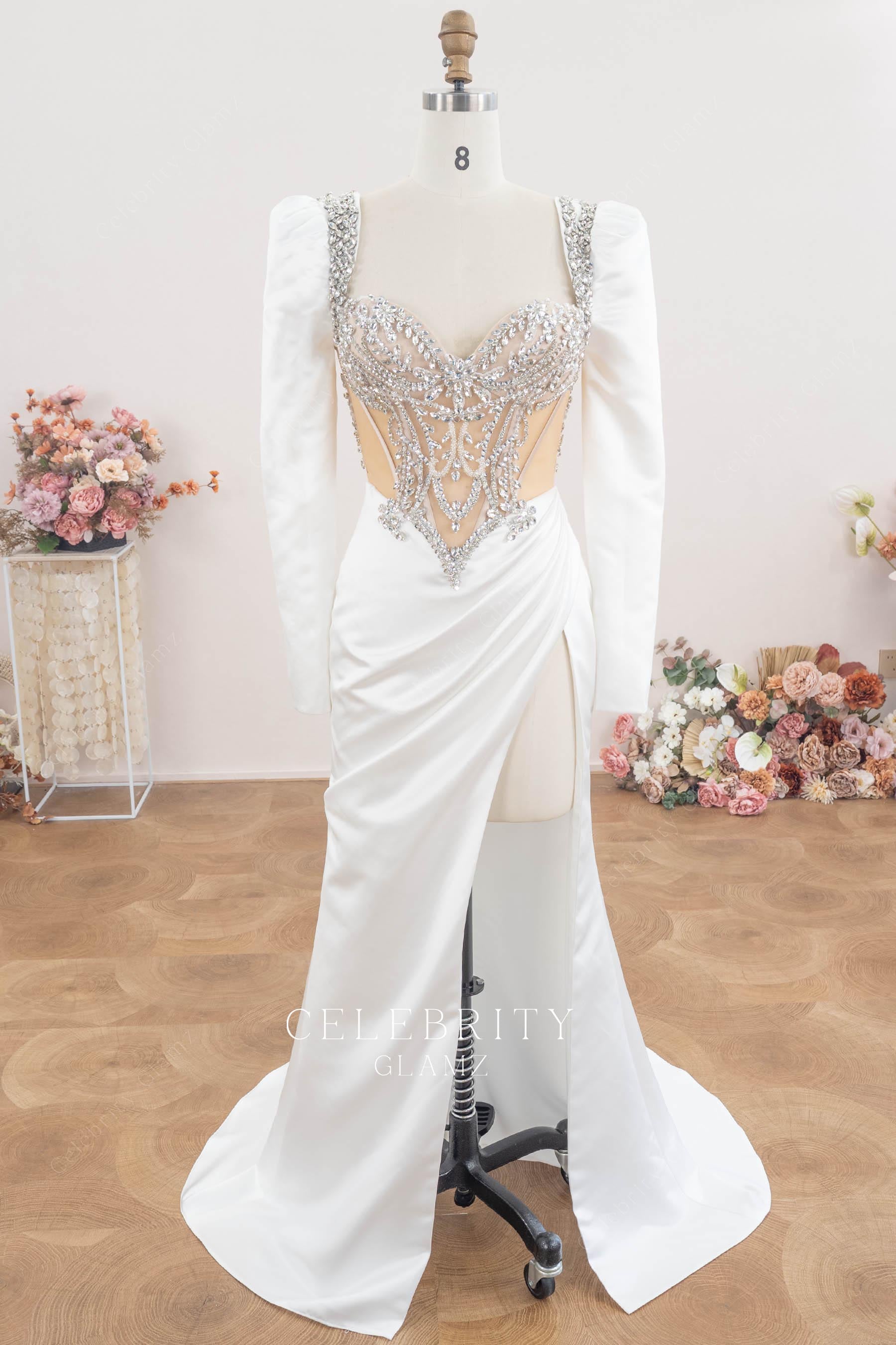 modern satin high slit wedding dress