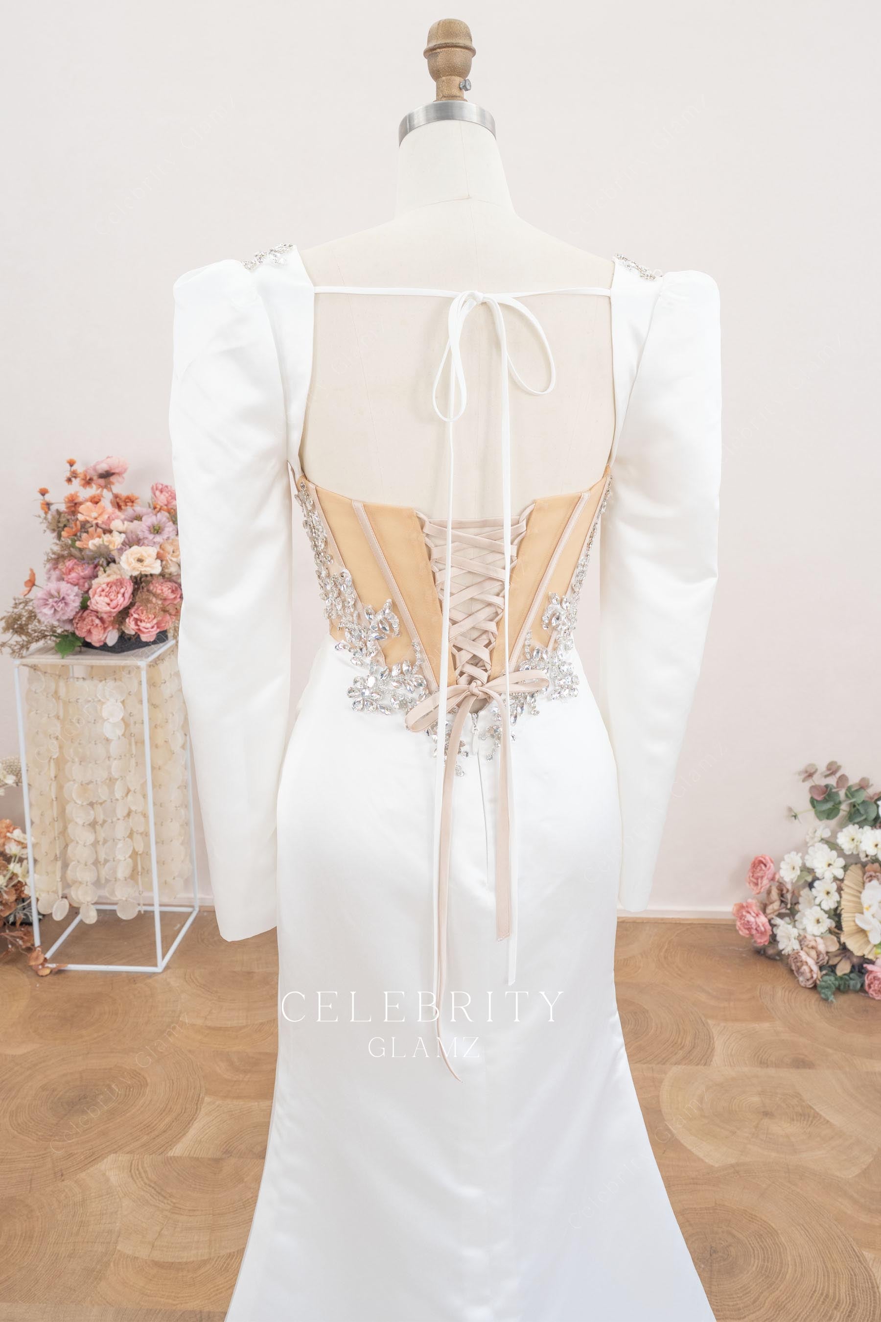 modern satin lace up back wedding dress 