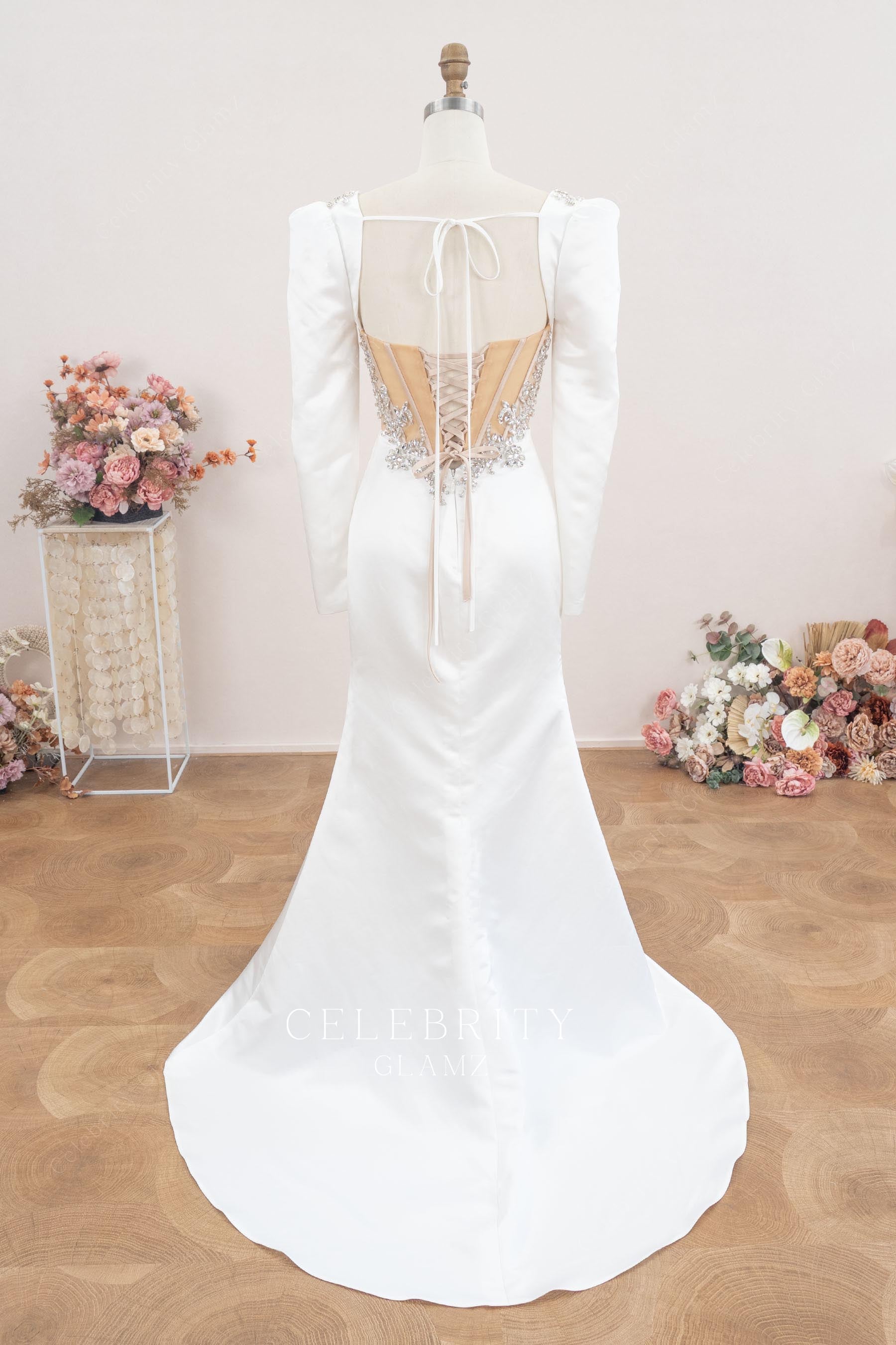 modern satin sweep train wedding dress