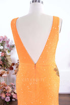 orange glitter v back prom dress