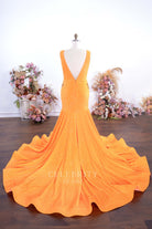 orange trumpet chapel train prom dress