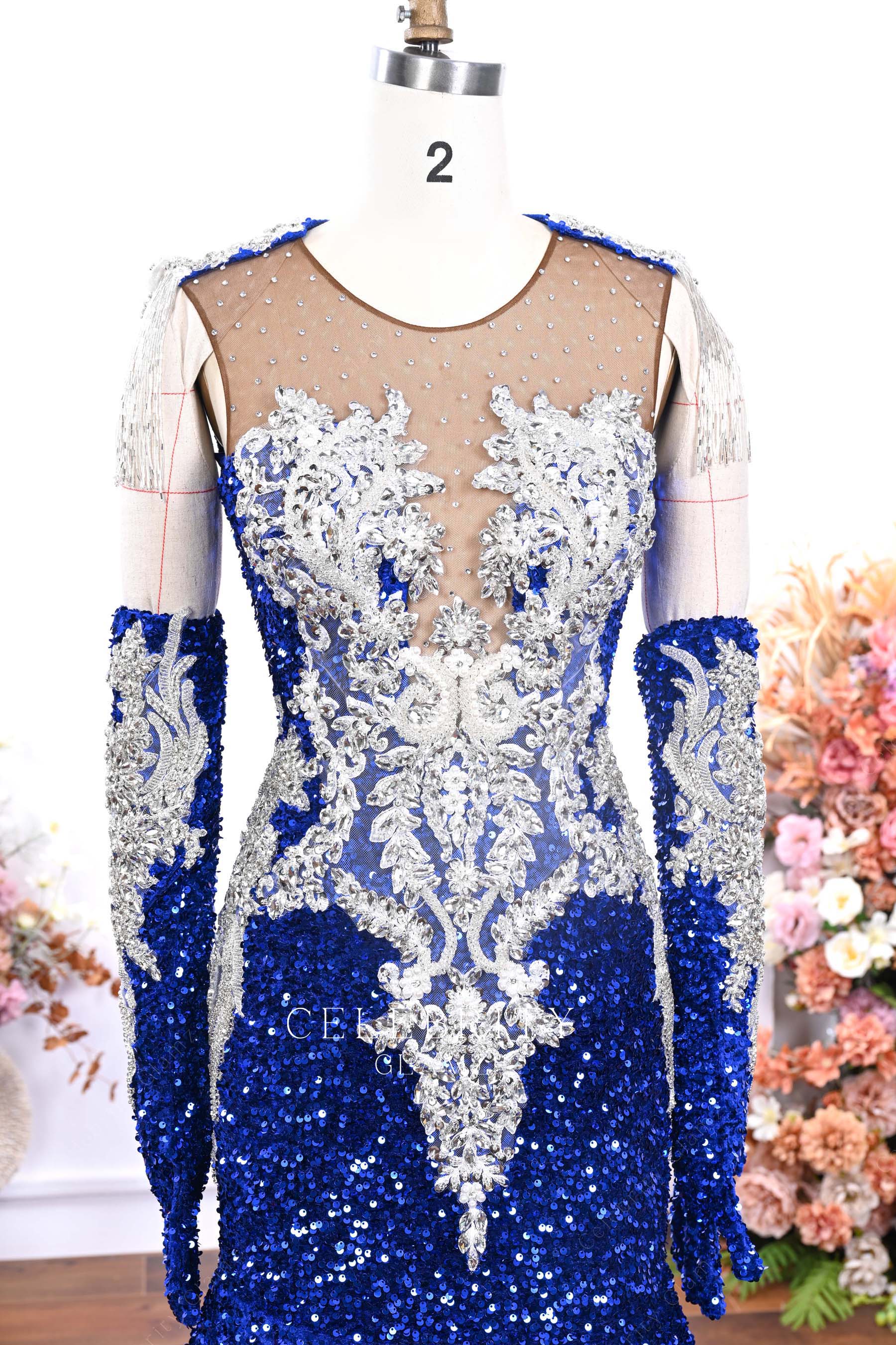 royal blue sequin tassels prom dress