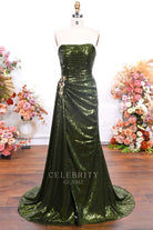 sparkly olive green strapless prom dress