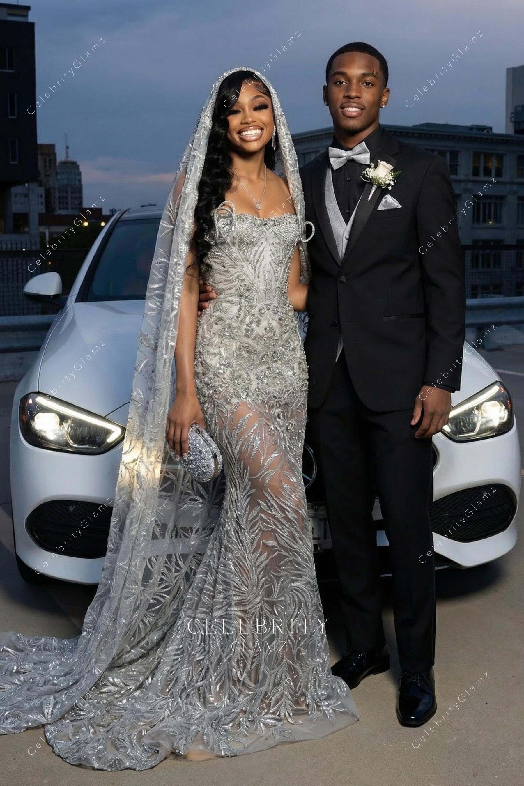 sparkly silver strapless mermaid prom dress