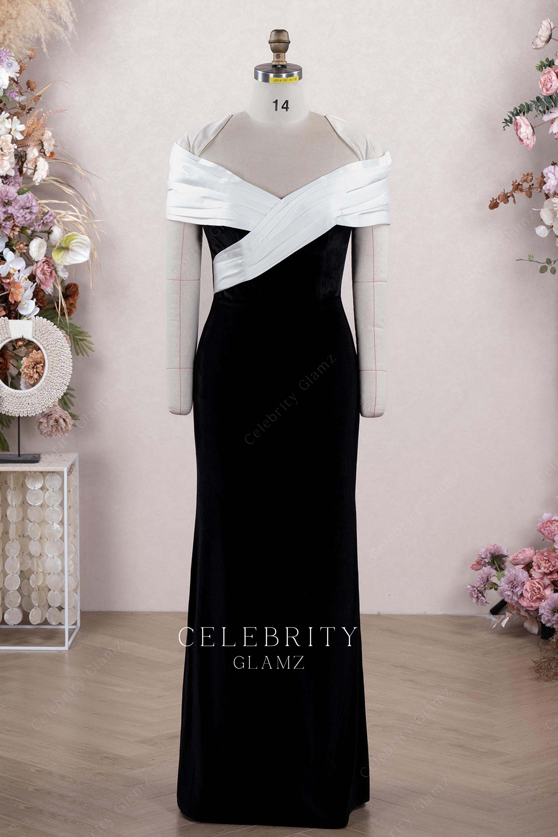 two tone off shoulder formal dress