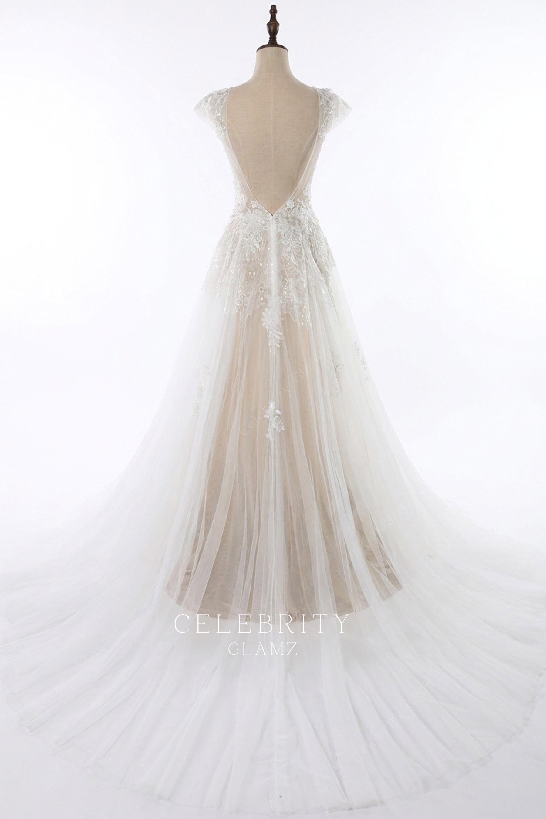 a line illusion chapel train wedding dress