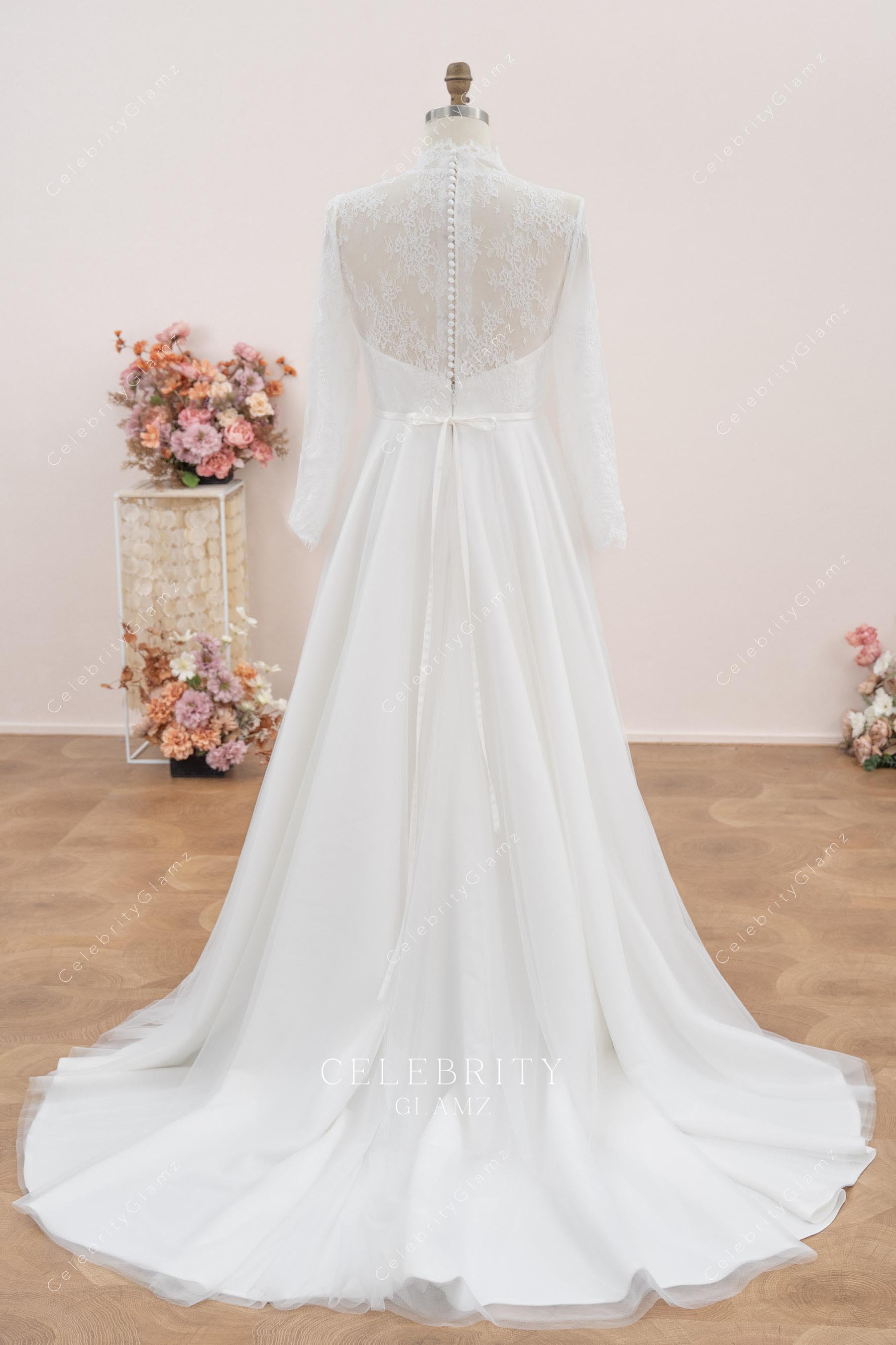 a line long train wedding dress