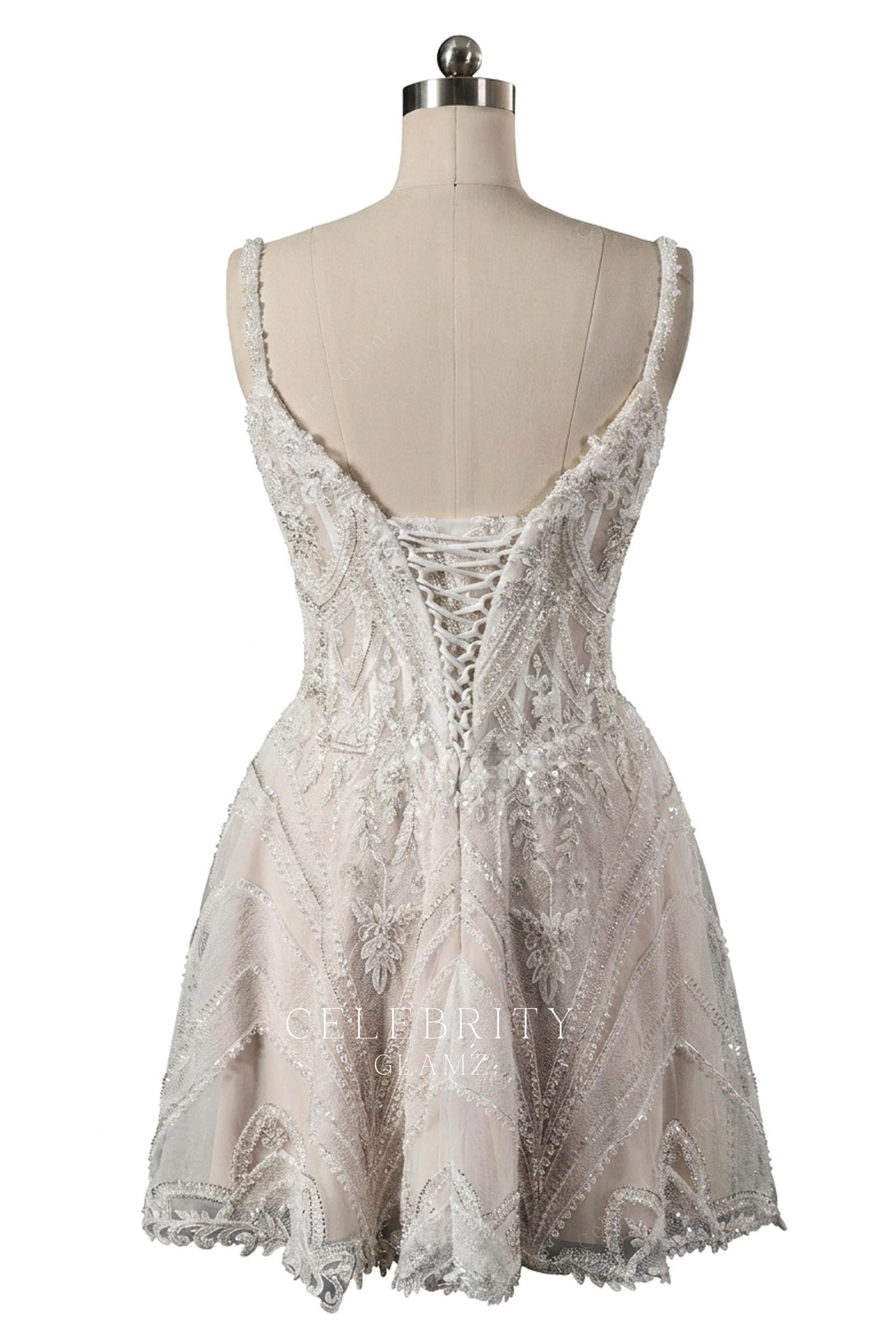 above knee length lace up back wedding dress