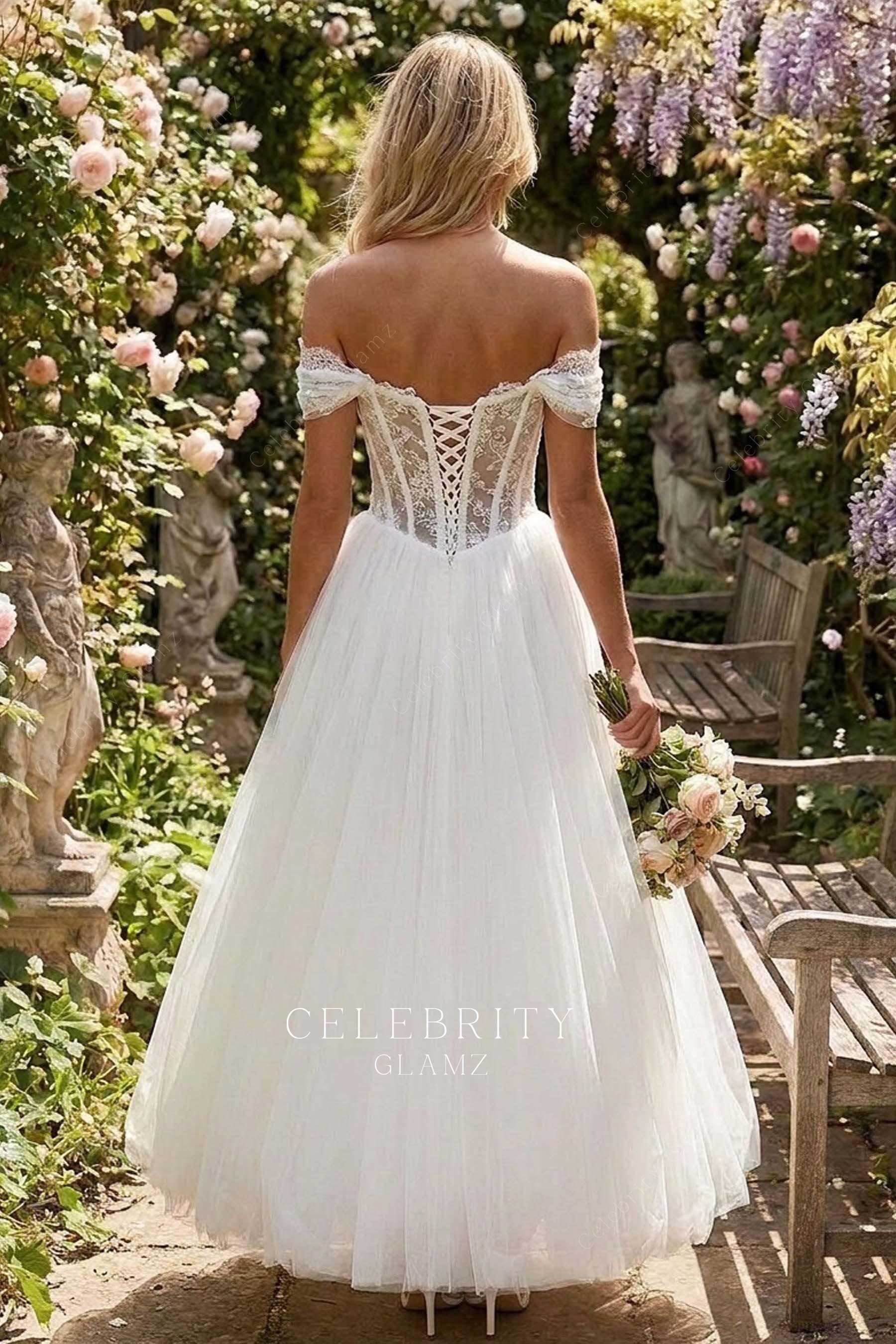 ankle length off the shoulder wedding dress
