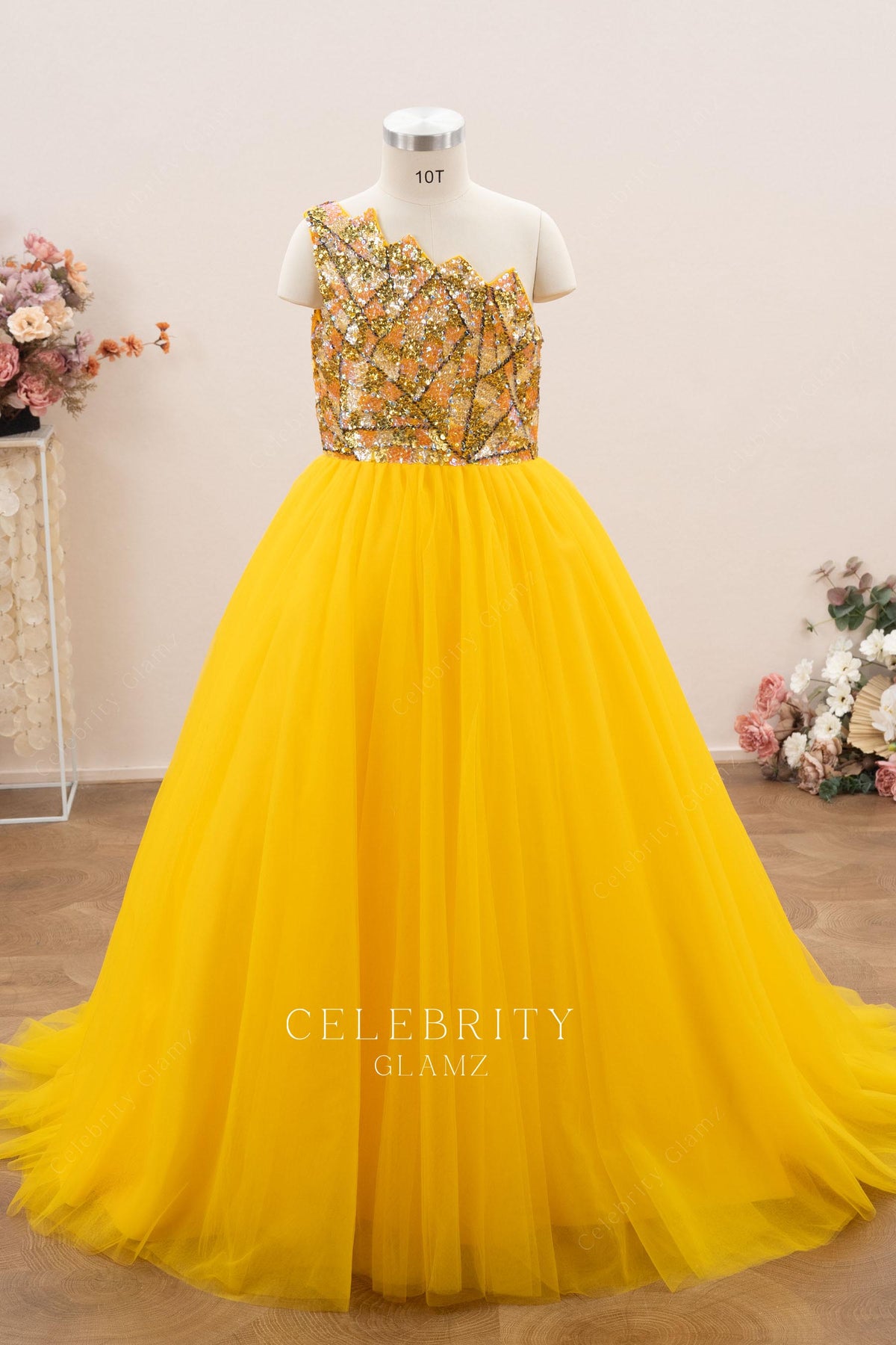 asymmetrical neck junior pageant gown