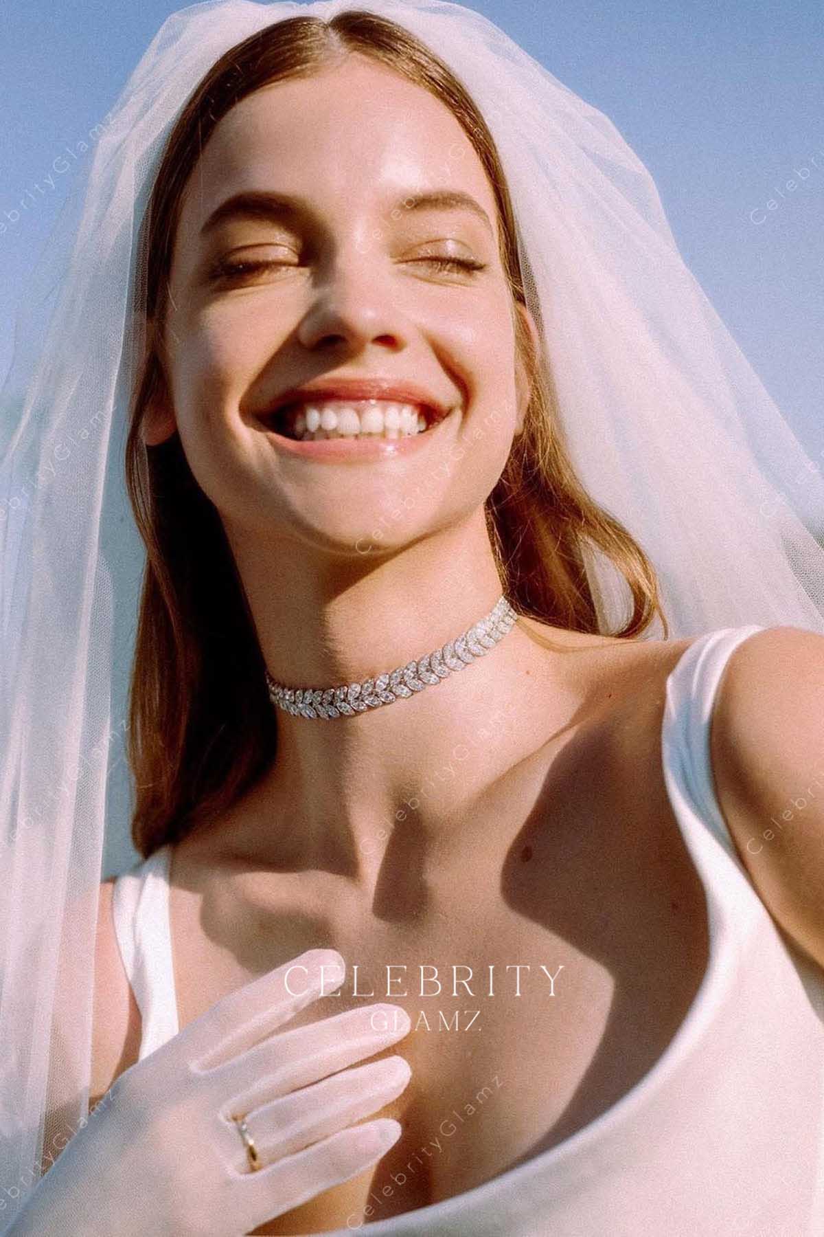 Barbara Palvin white wide straps wedding dress