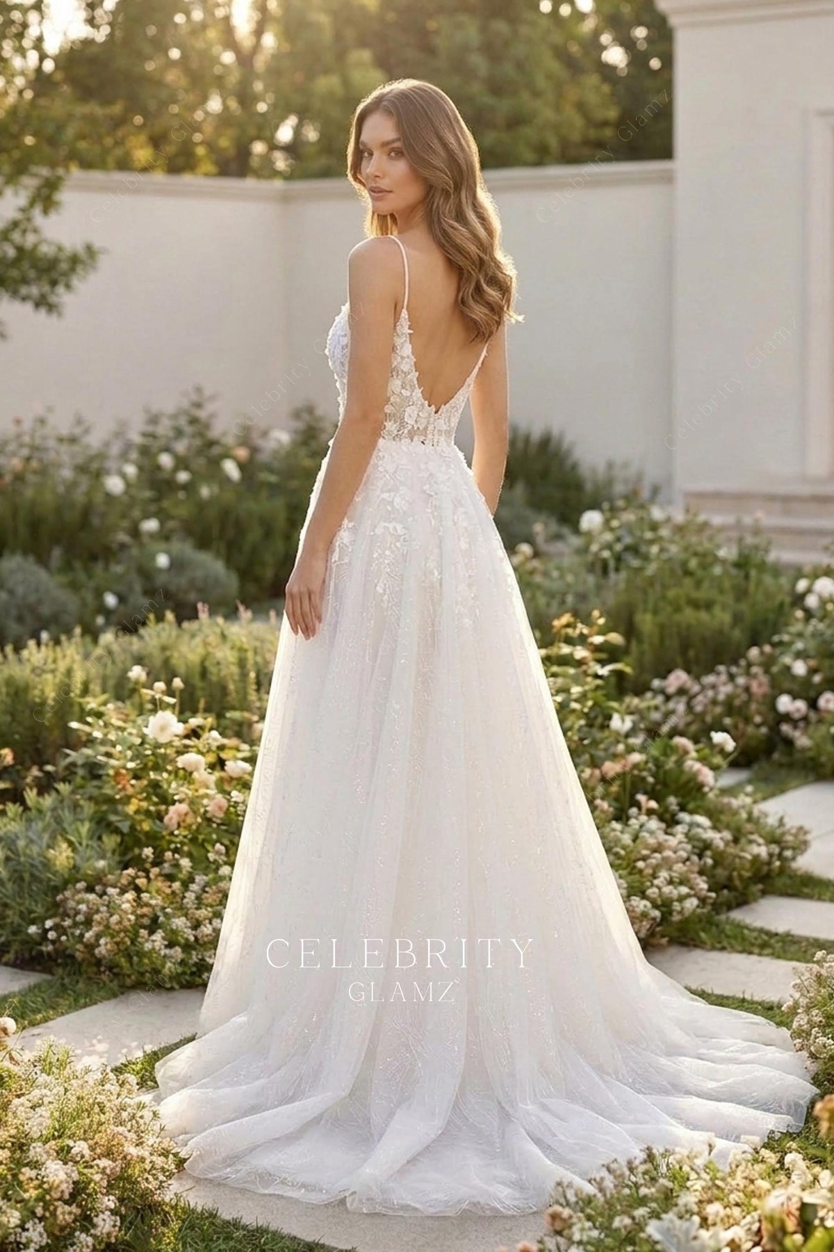 beaded lace v back wedding dress