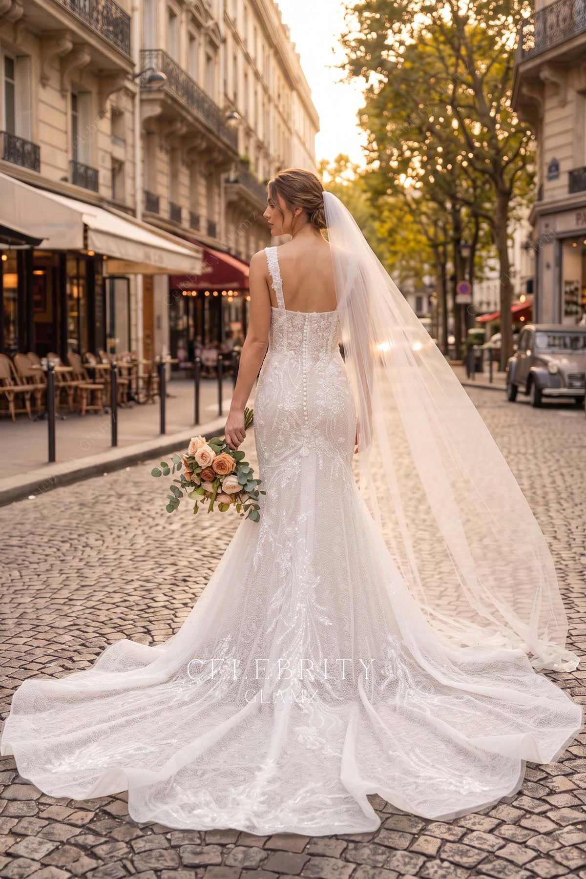 beaded lace chapel train wedding dress