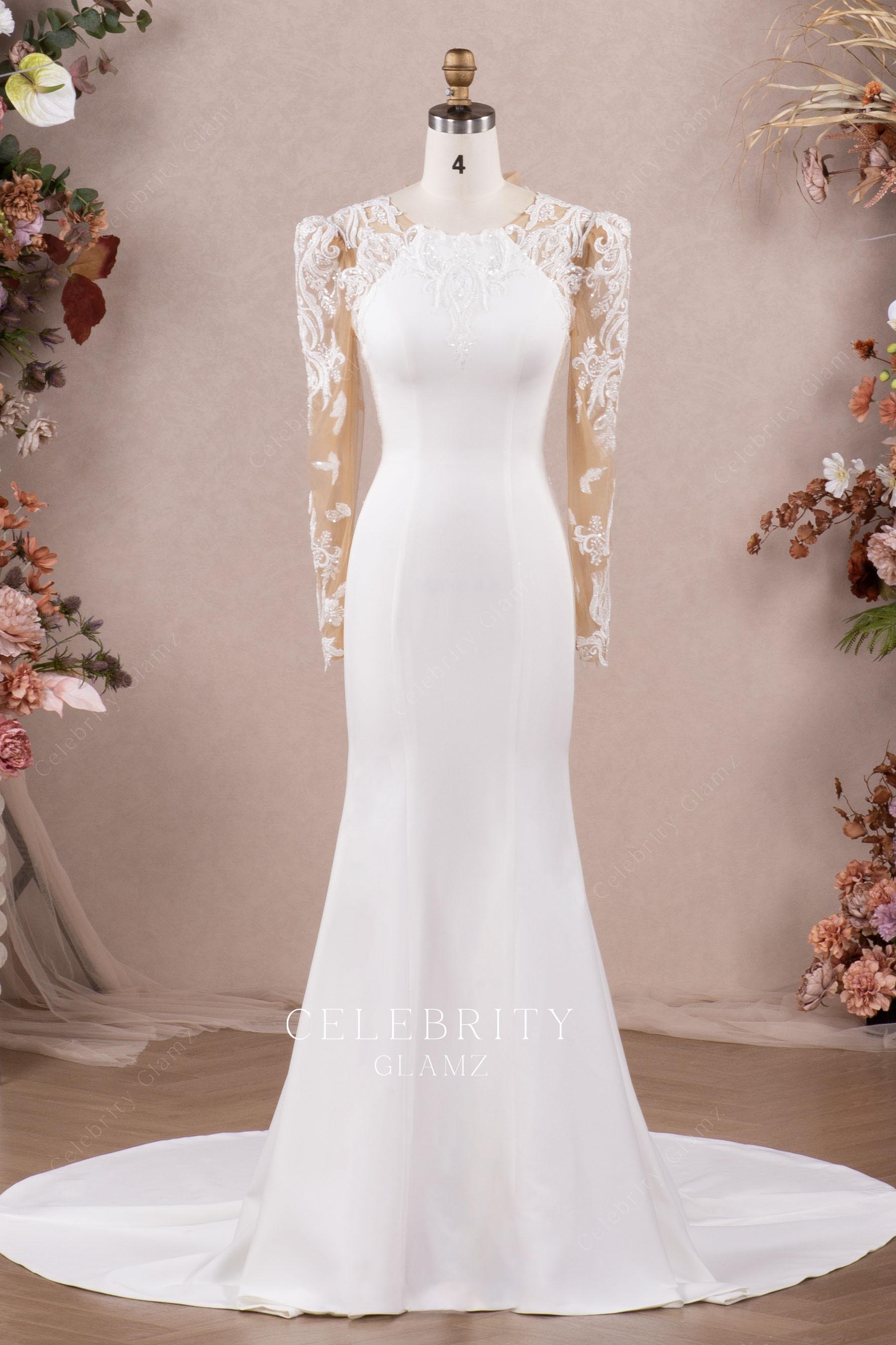 beaded lace crepe mermaid bridal dress