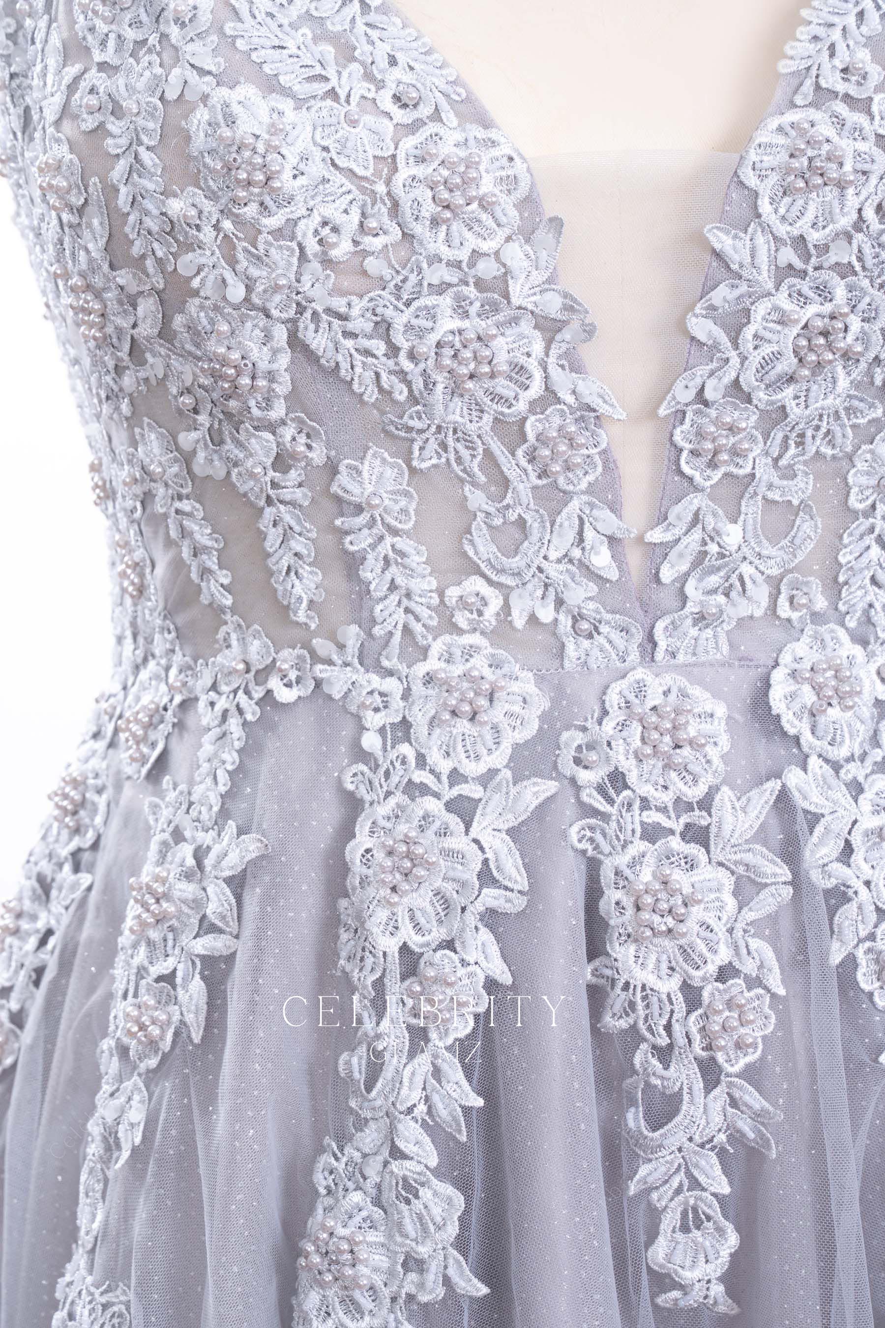 beaded lace gray formal dress
