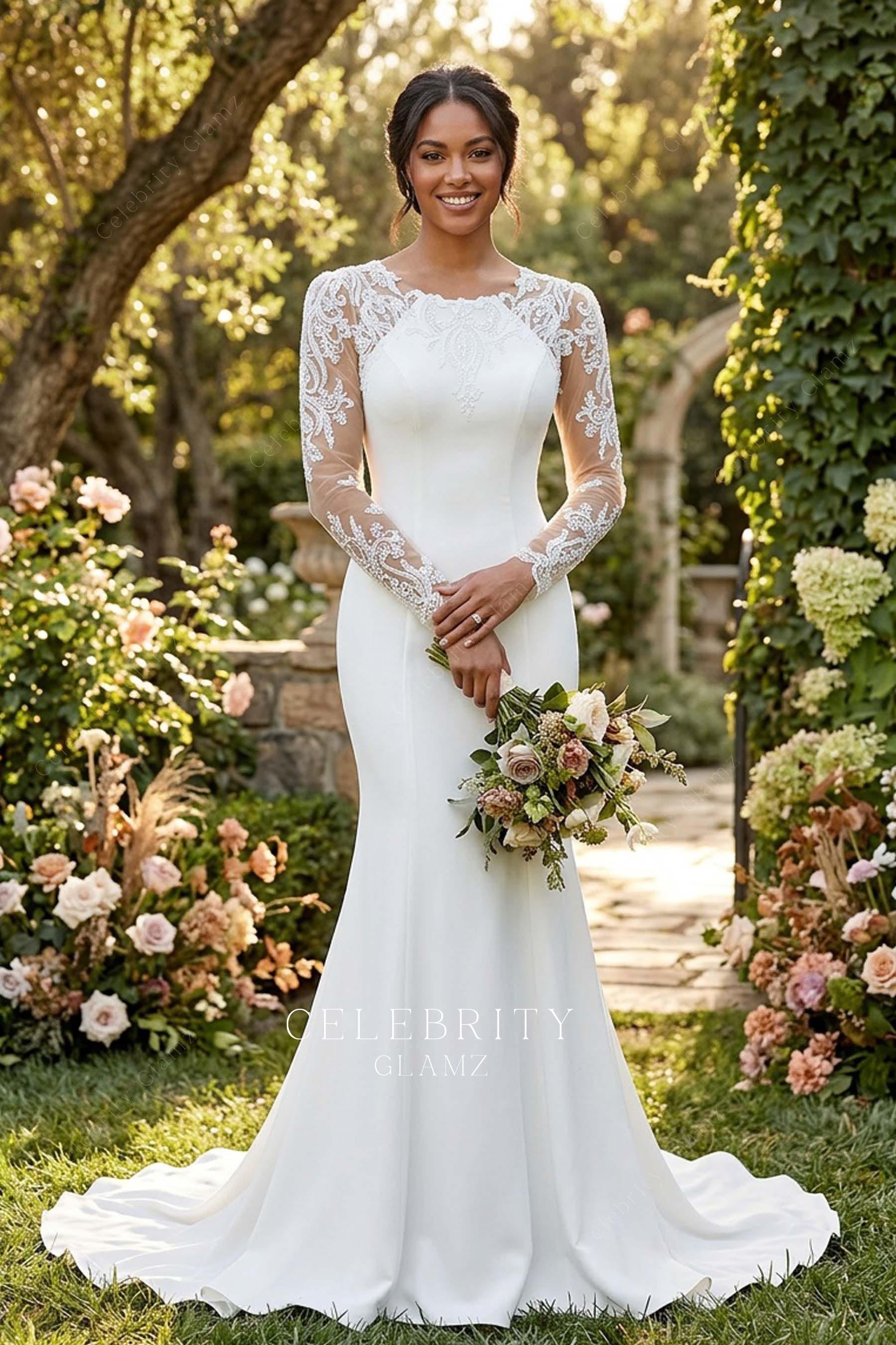 beaded lace illusion sleeve bridal dress