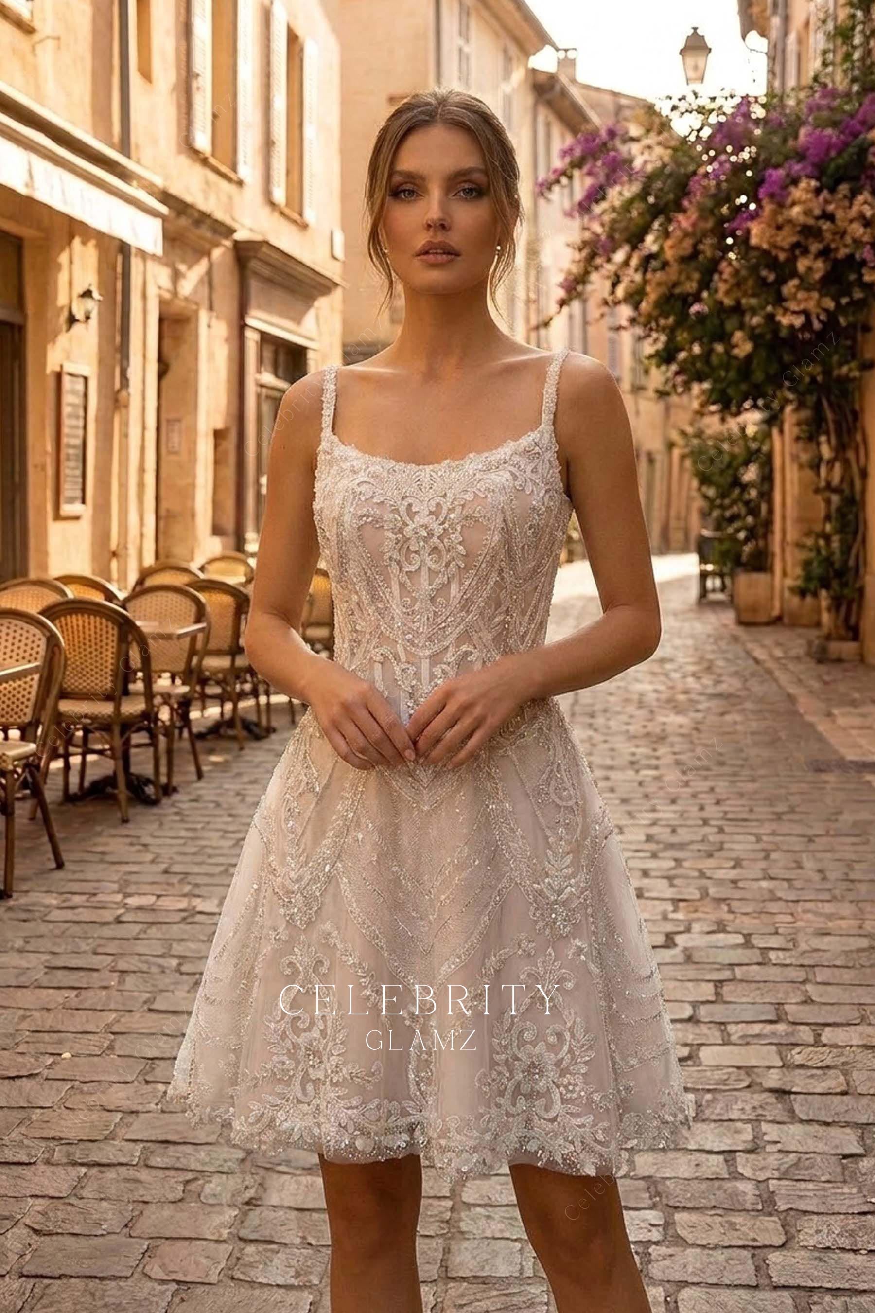 beaded lace scoop neck short wedding dress