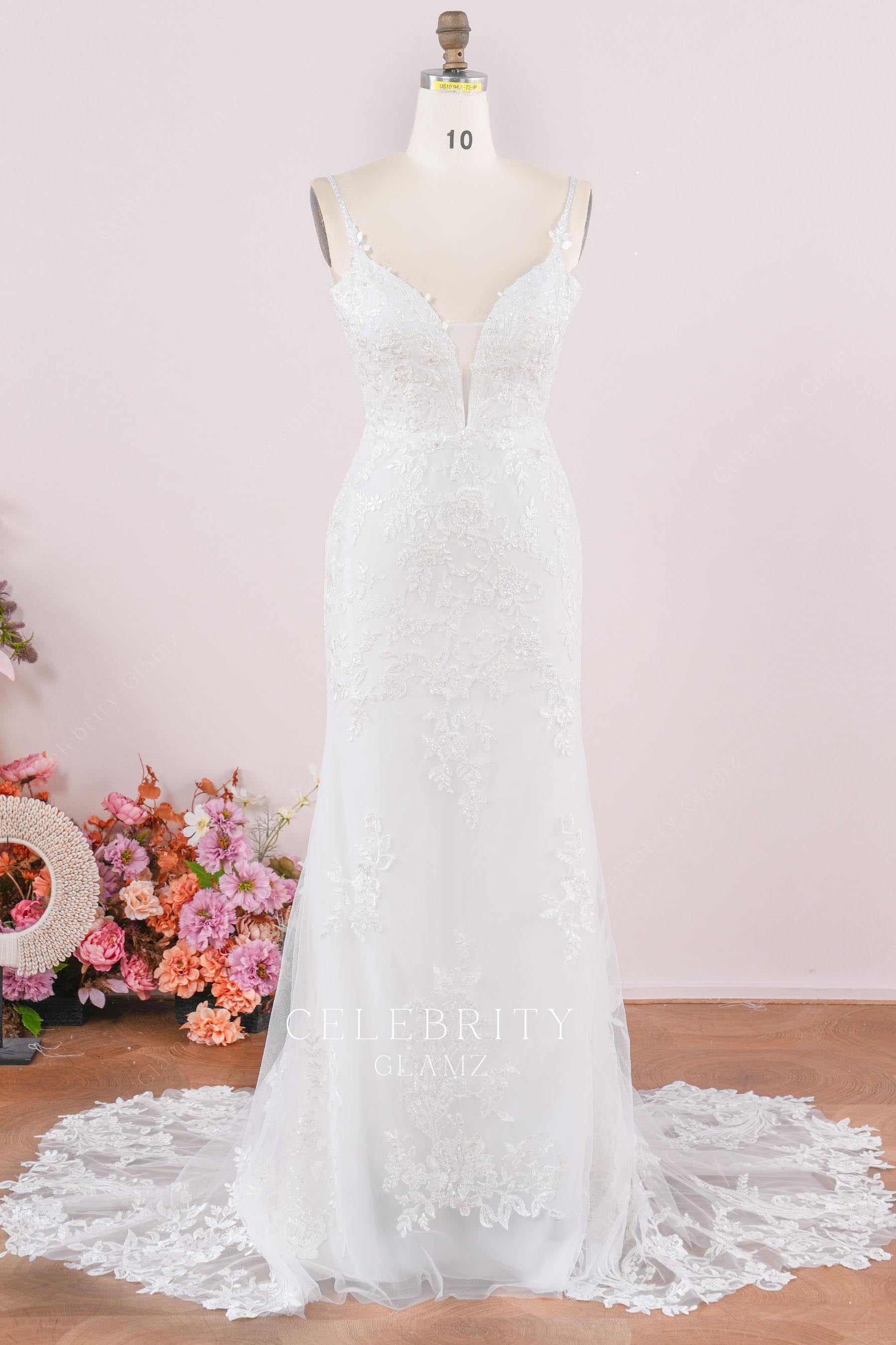 beaded lace straps mermaid bridal dress