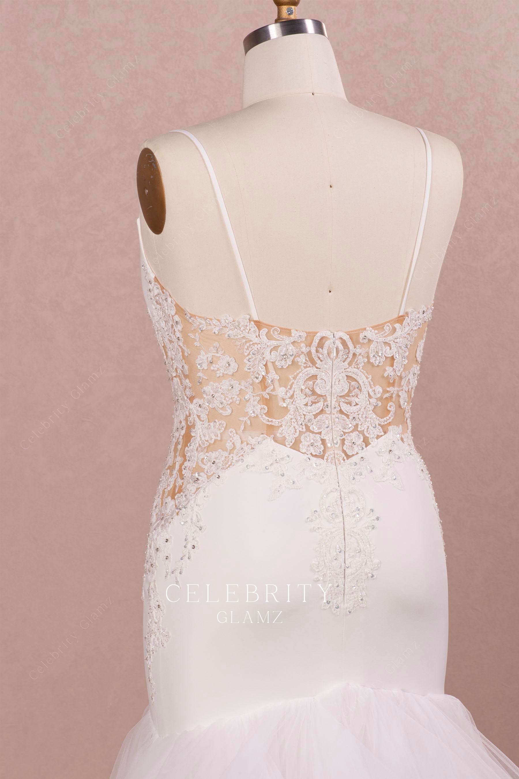 beaded lace thin straps trumpet wedding dress