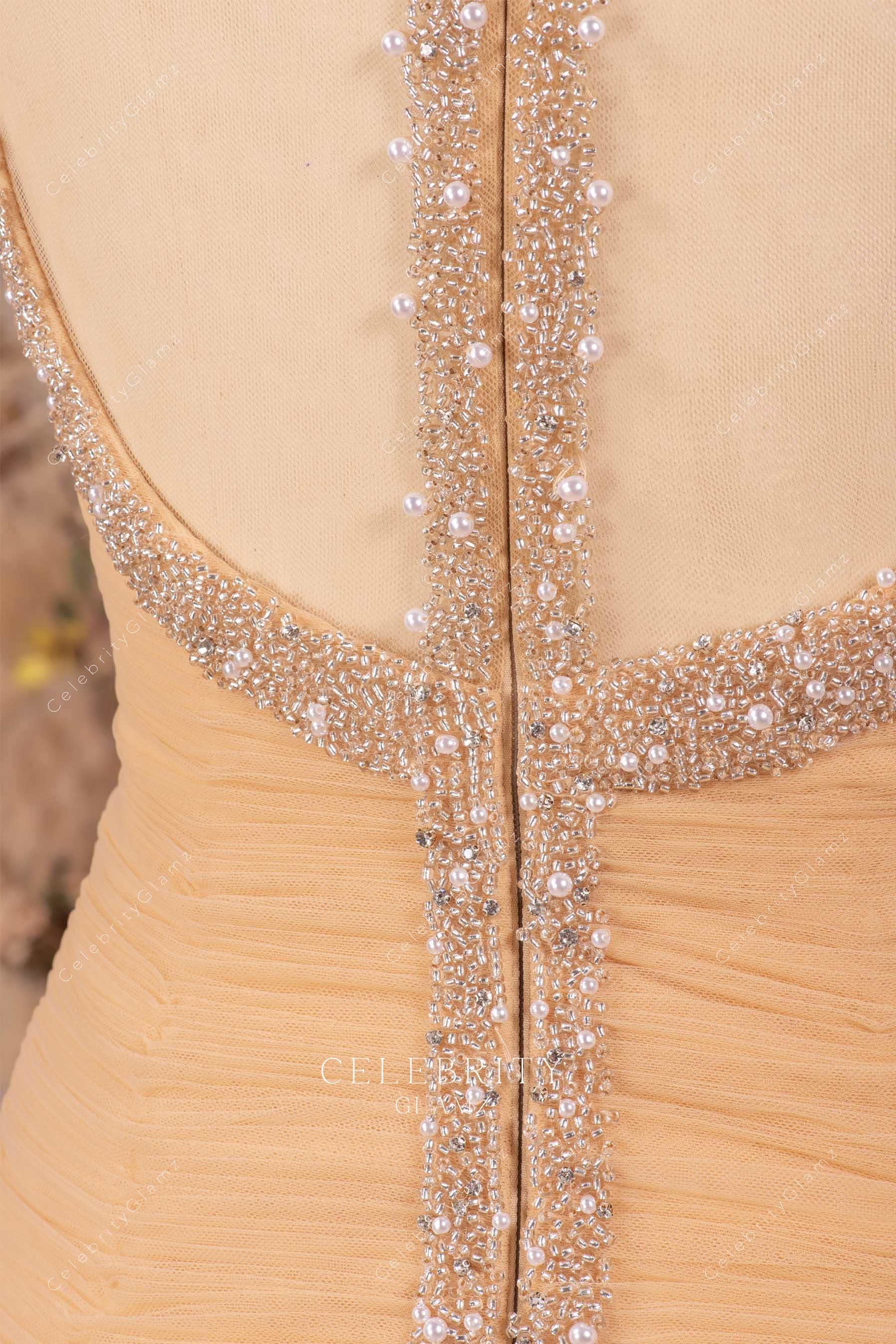 beaded pleated tulle wedding gown