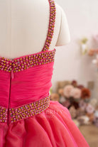 beaded straps pink organza pageant gown