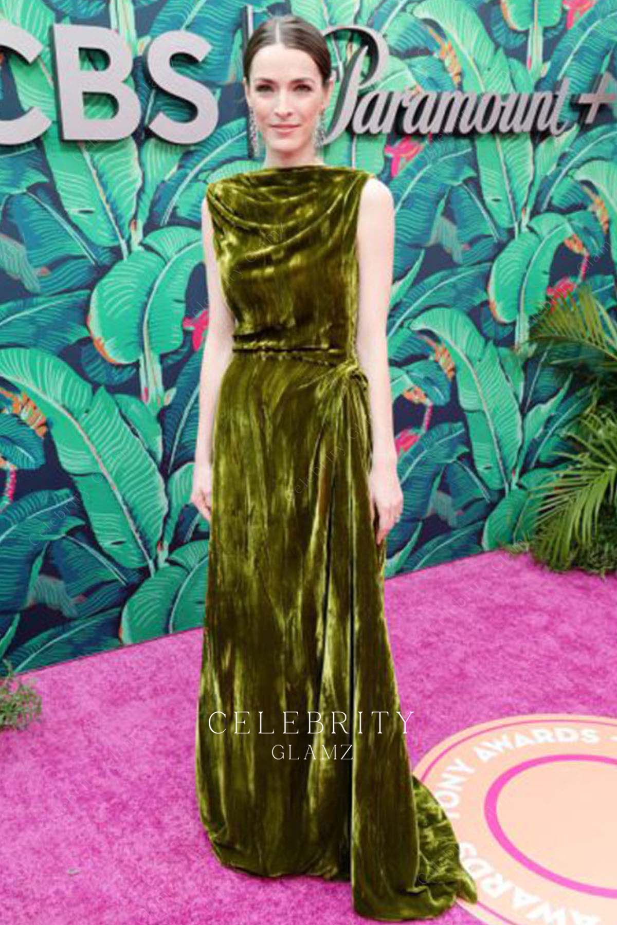 Bee Shaffer moss green sleeveless prom dress 76th tony awards