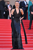 Bella Hadid black halter prom dress Cannes film festival red carpet 2024 