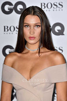 Bella Hadid champagne v neck dress