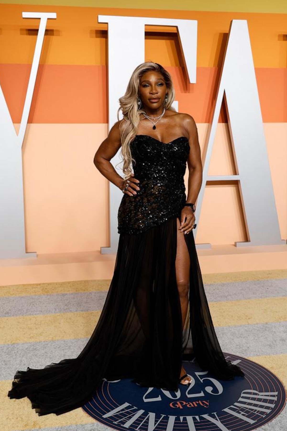 black Serena Williams strapless 2025 Vanity Fair Oscars Party dress