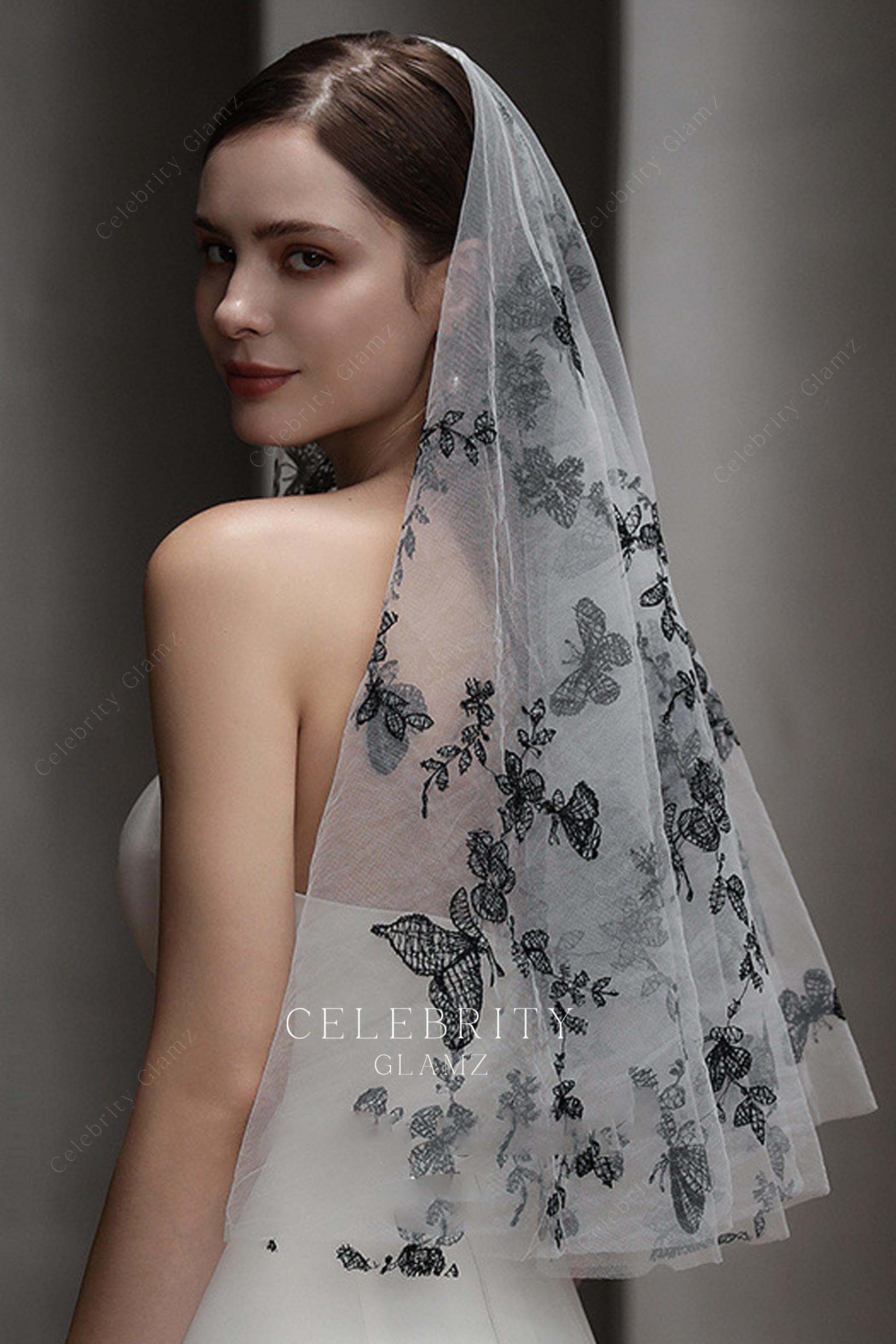 black butterfly two tier tulle bridal veil
