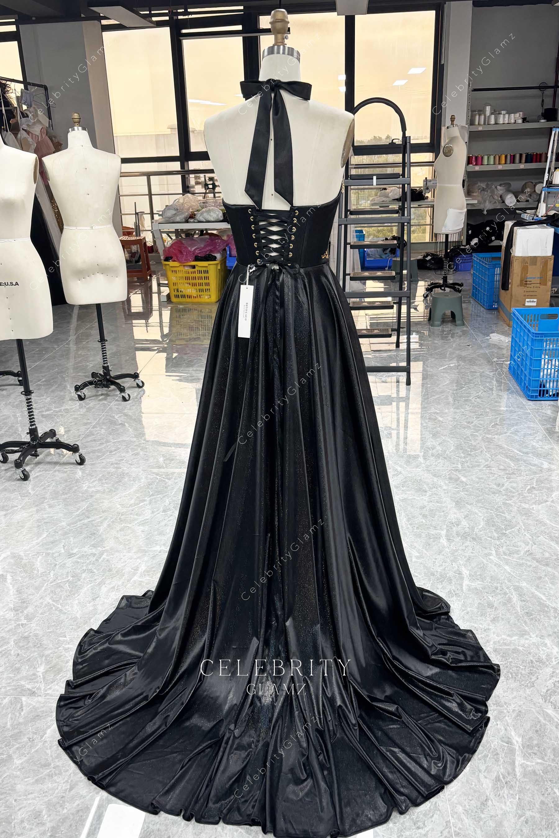 black corset long train prom dress