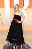black Elle Fanning 2025 red waistband Vanity fair party dress