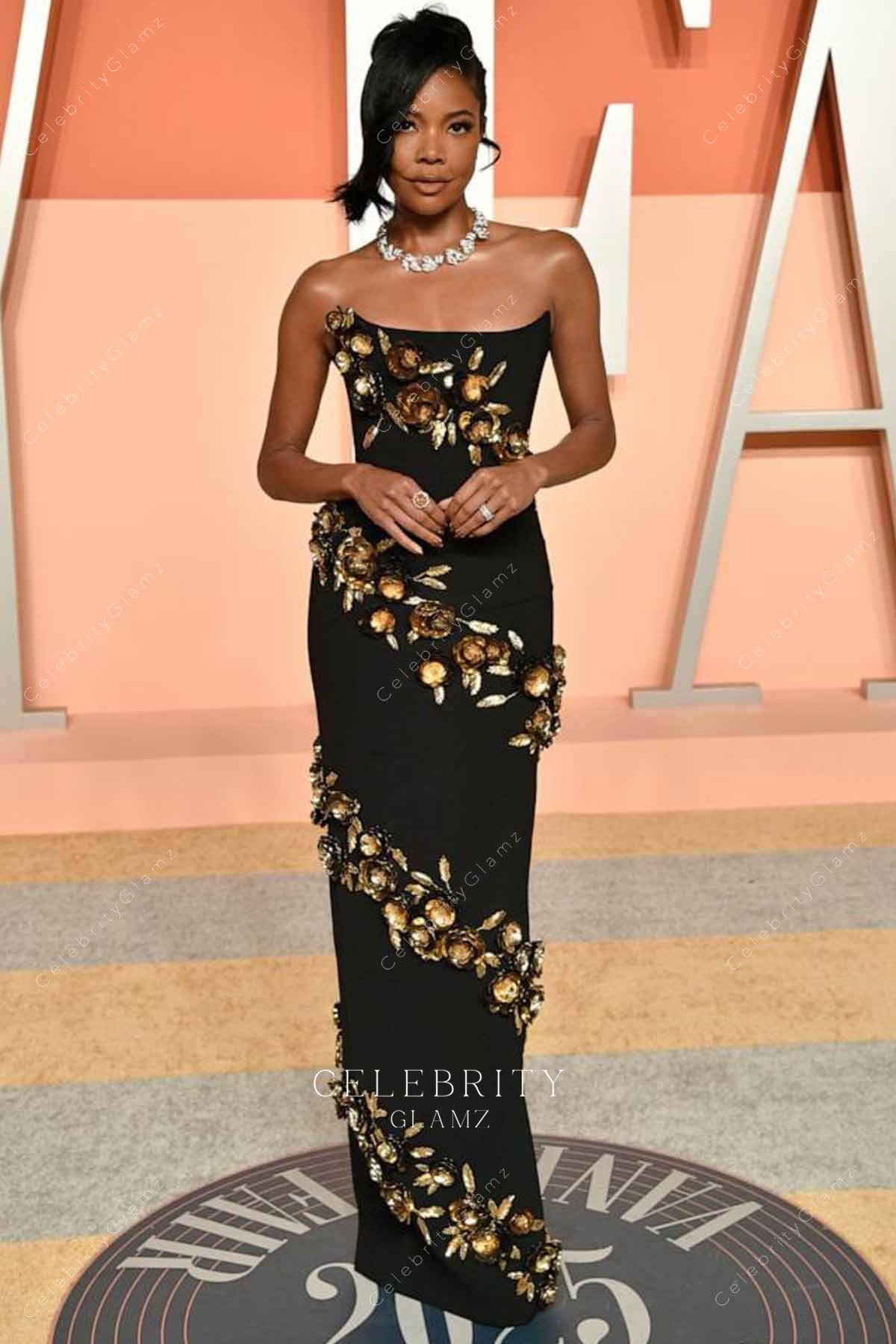 black Gabrielle Union 2025 Strapless Vanity Oscars party dress