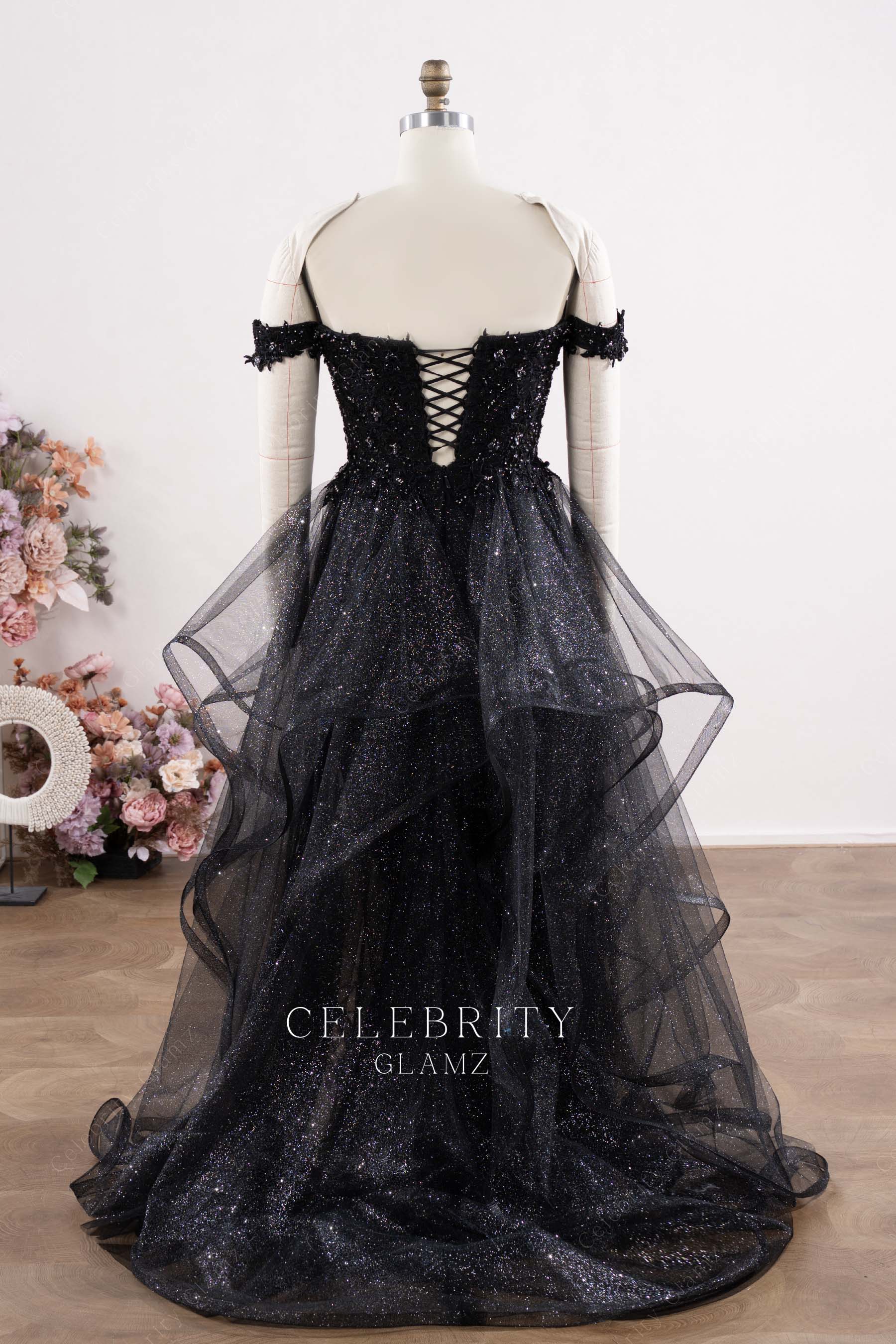 black glitter a line court train wedding dress