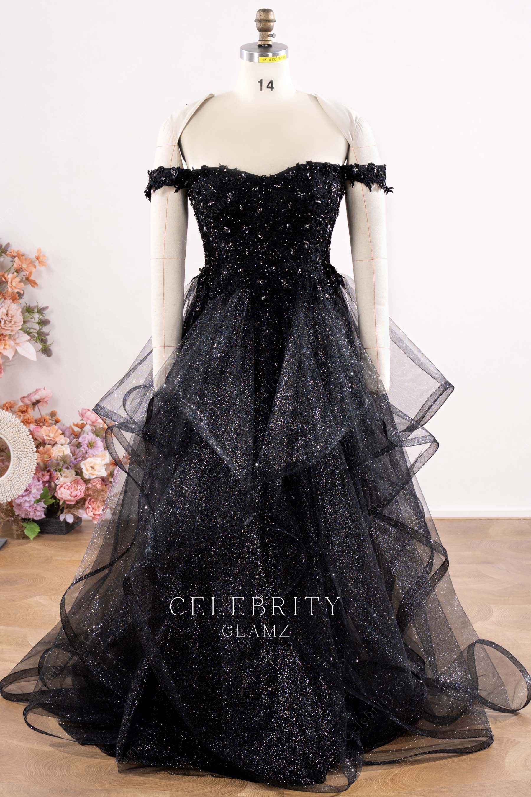 black glitter off shoulder wedding dress
