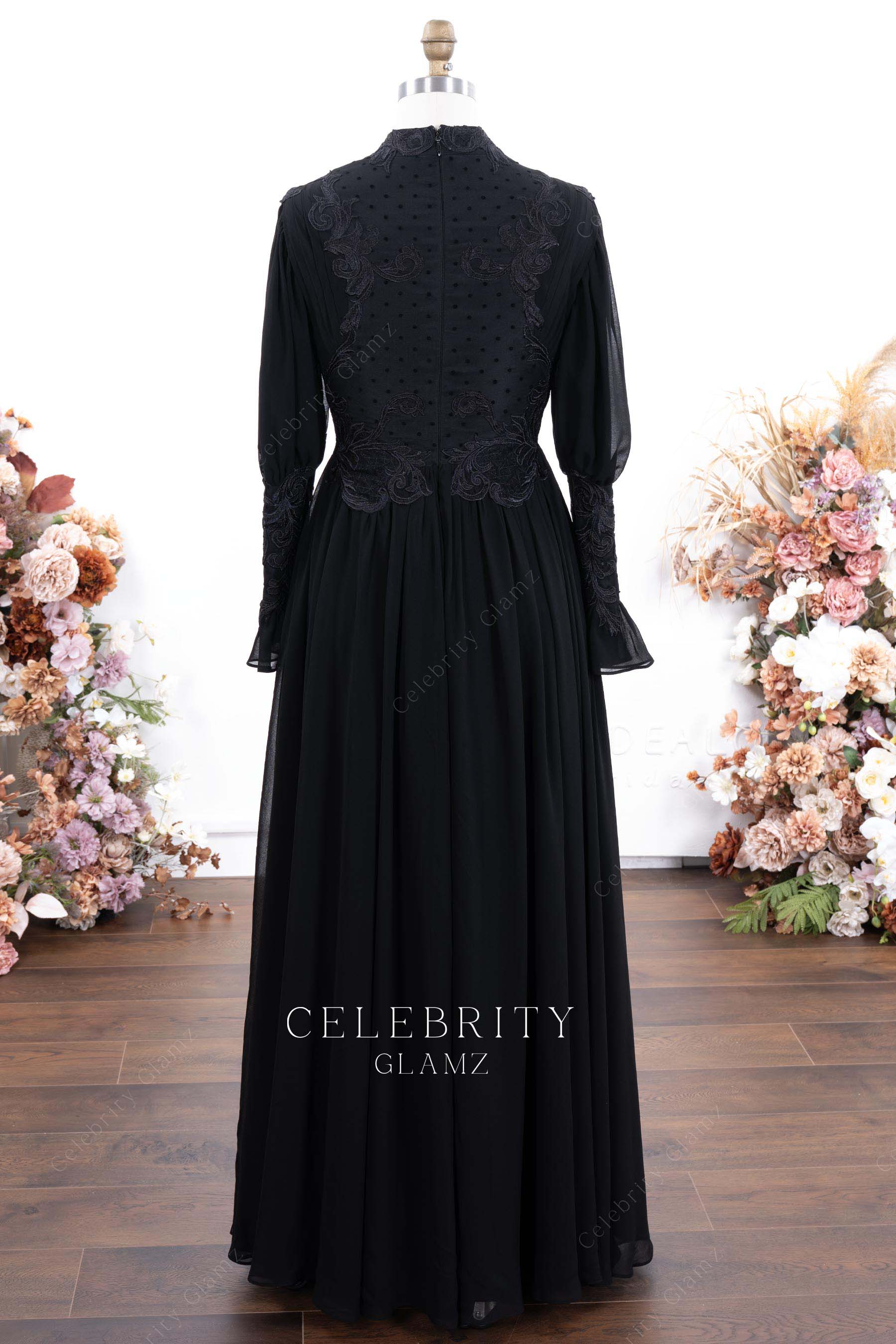black lace chiffon a line floor length formal dress