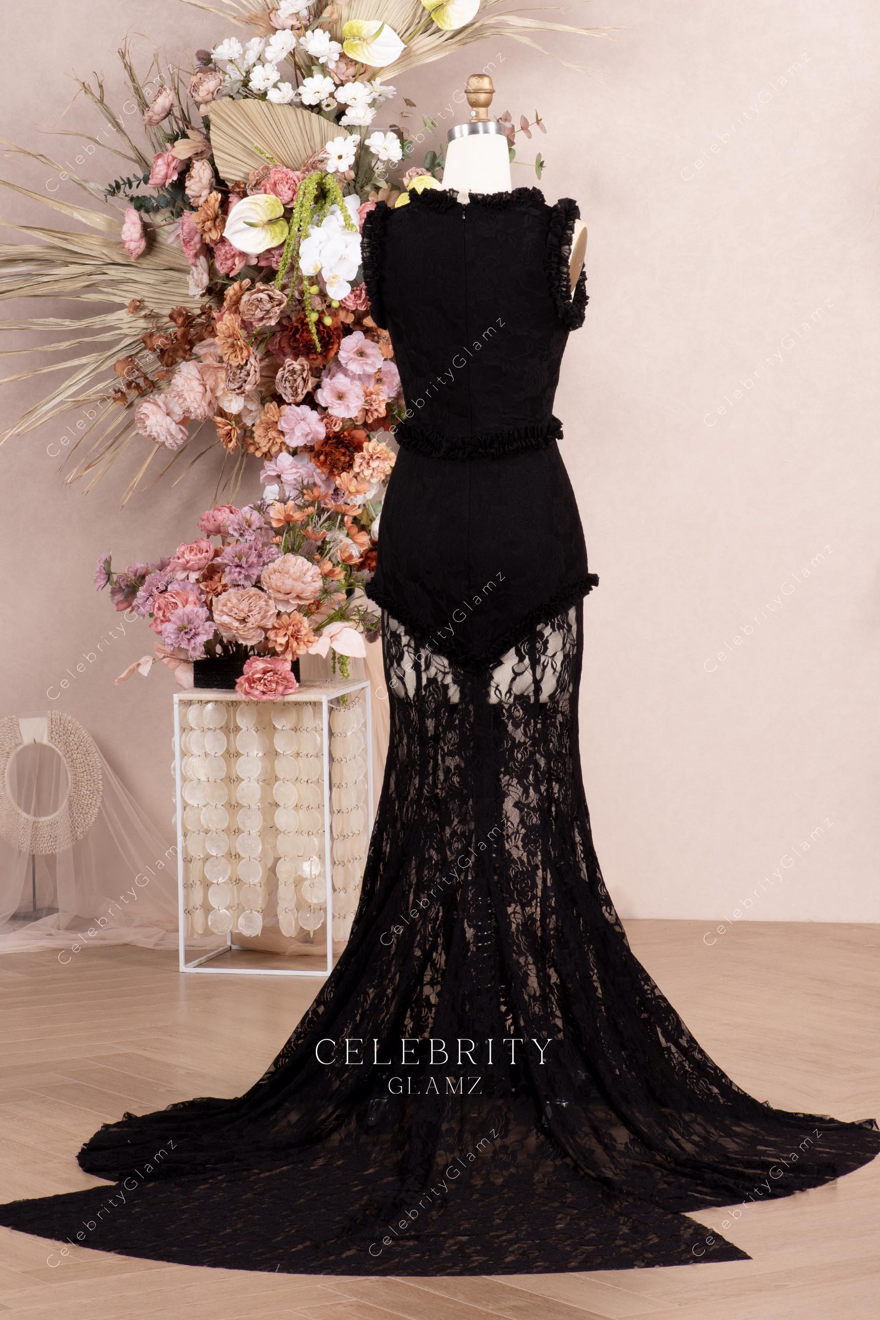 black lace fit flare evening dress