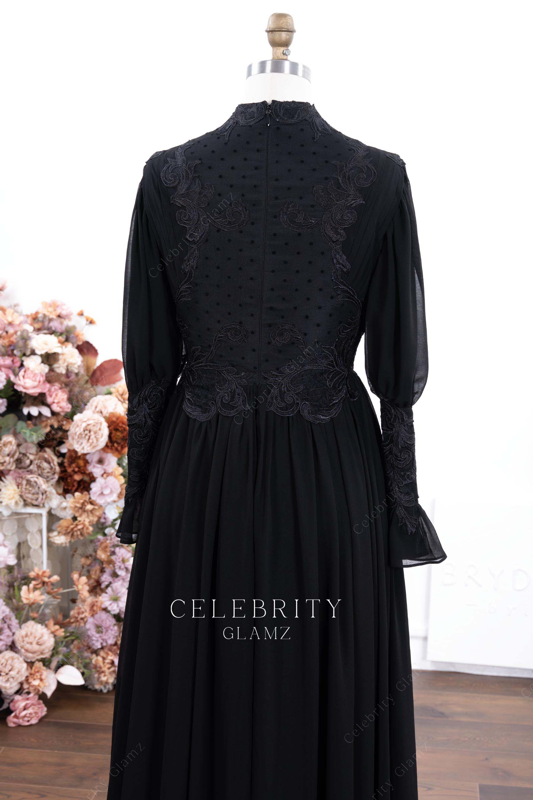 black lace pleated evening dress