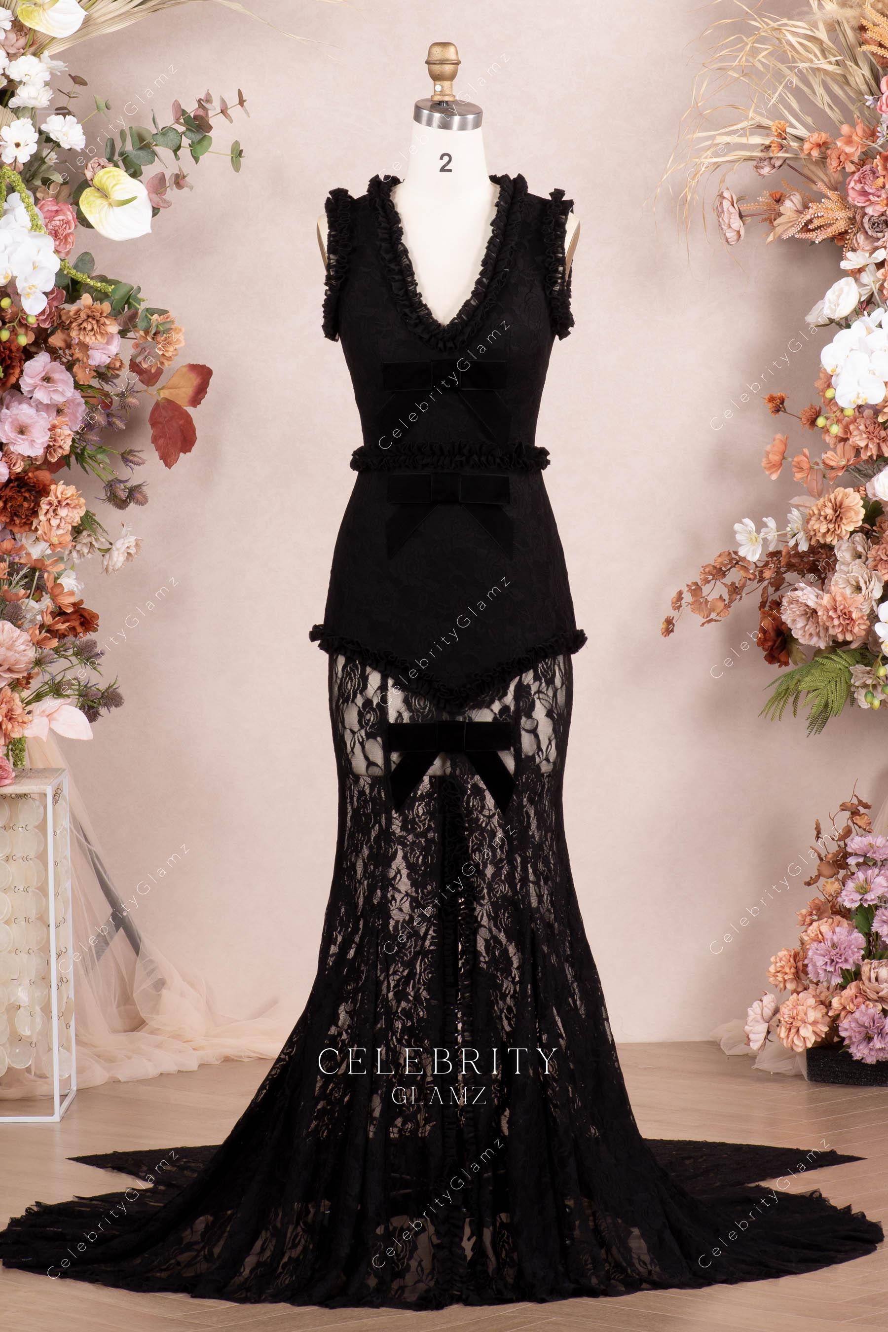 black lace v neck prom dress