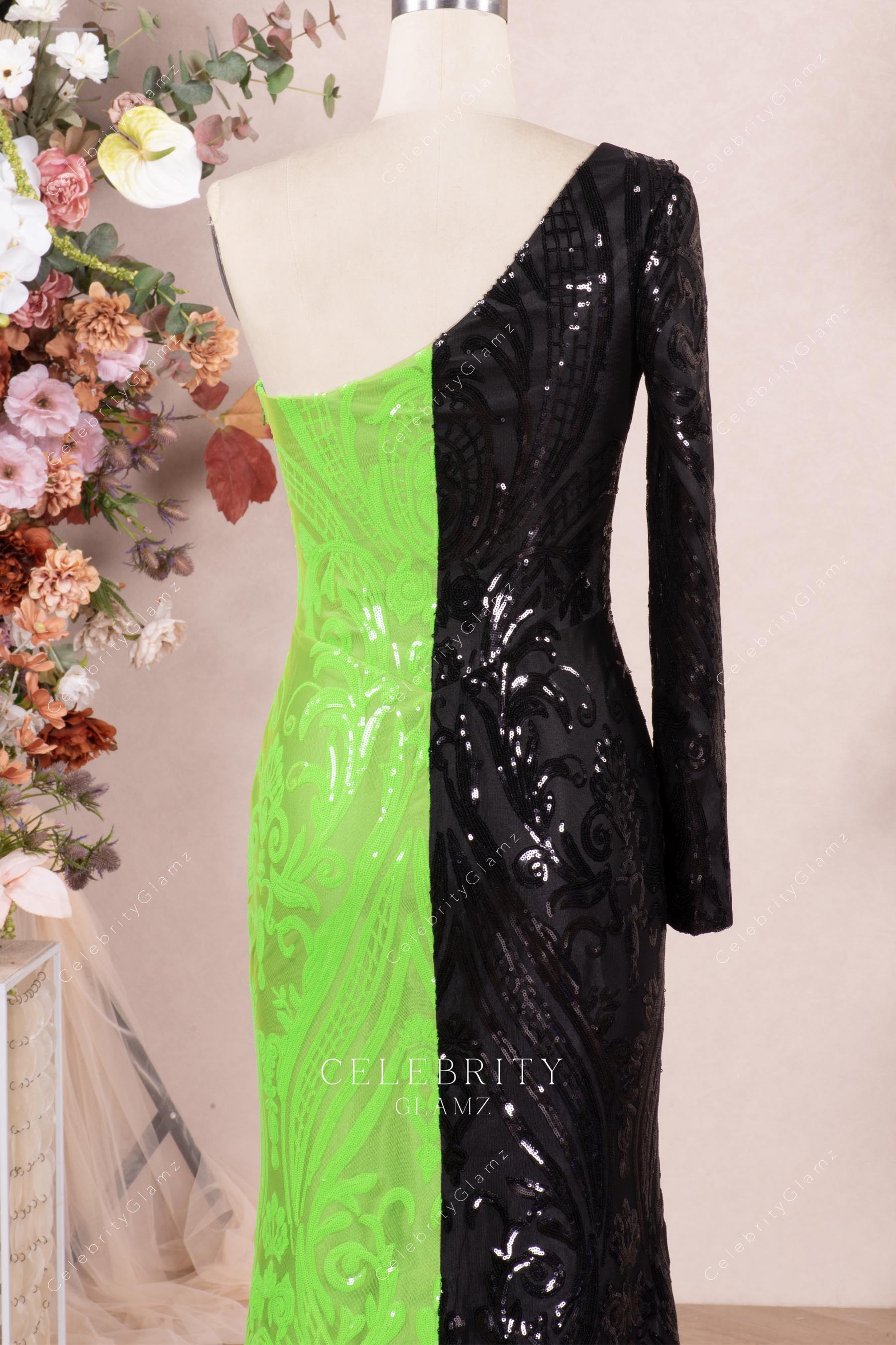 black lime green one sleeve formal dress