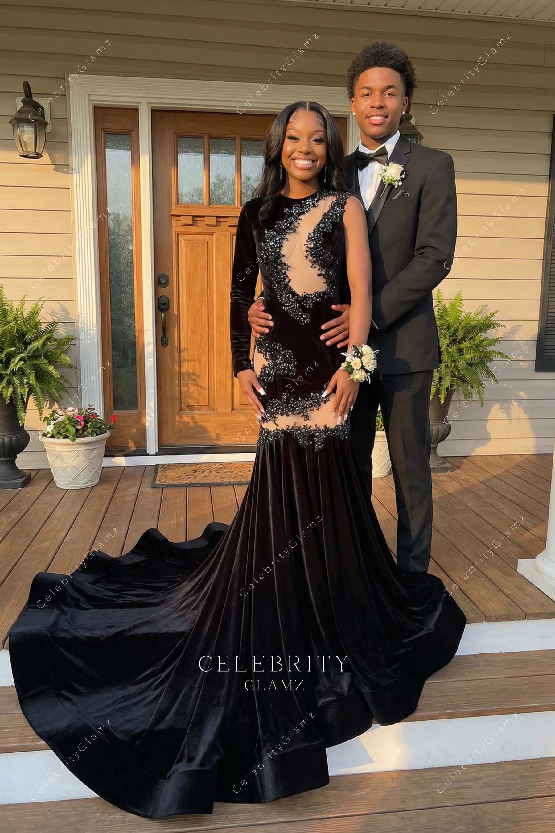 black one sleeve trumpet prom dress