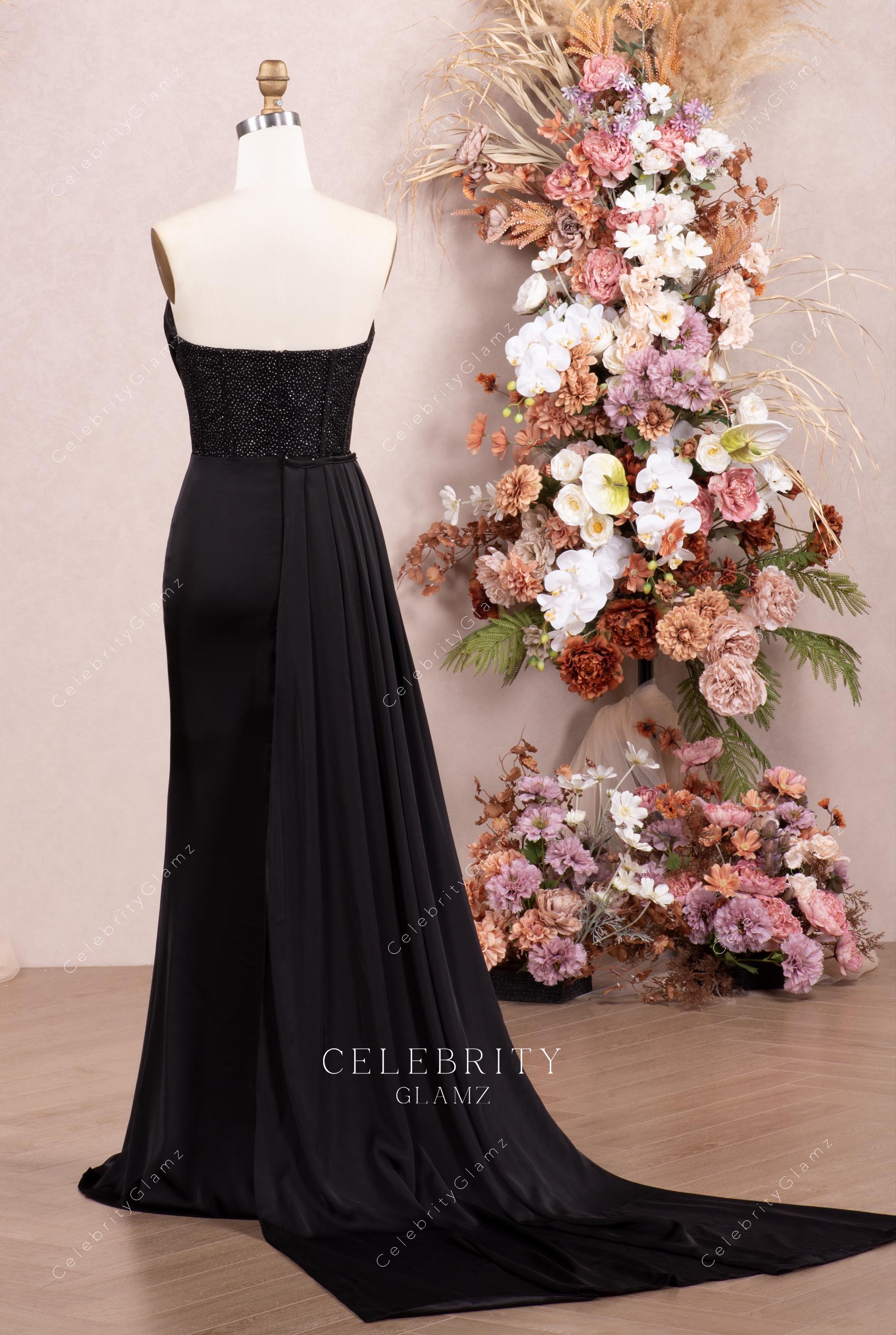 black panel train prom dress
