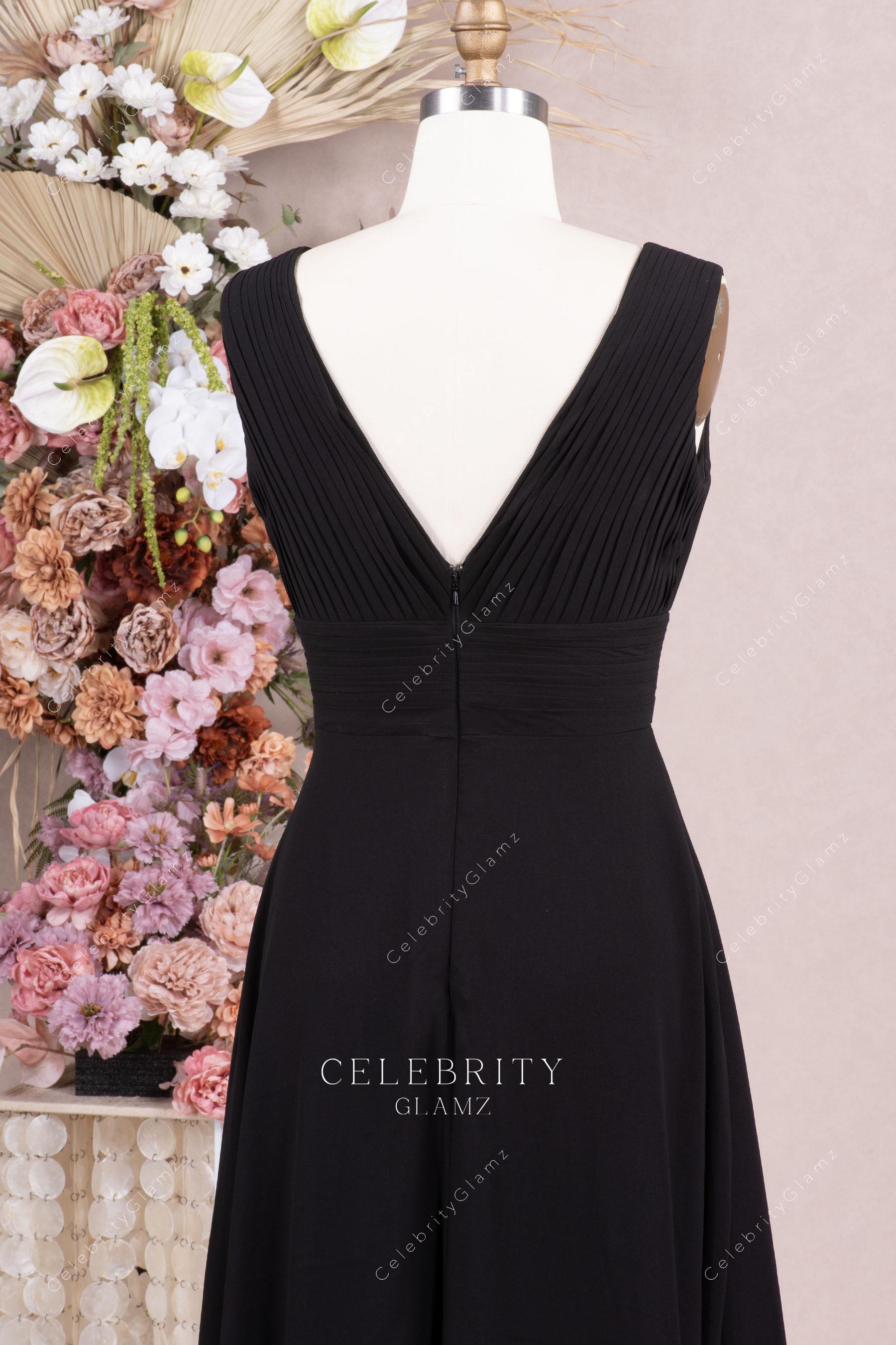 black pleated chiffon prom dress