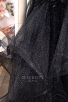 black ruffled tulle wedding dress