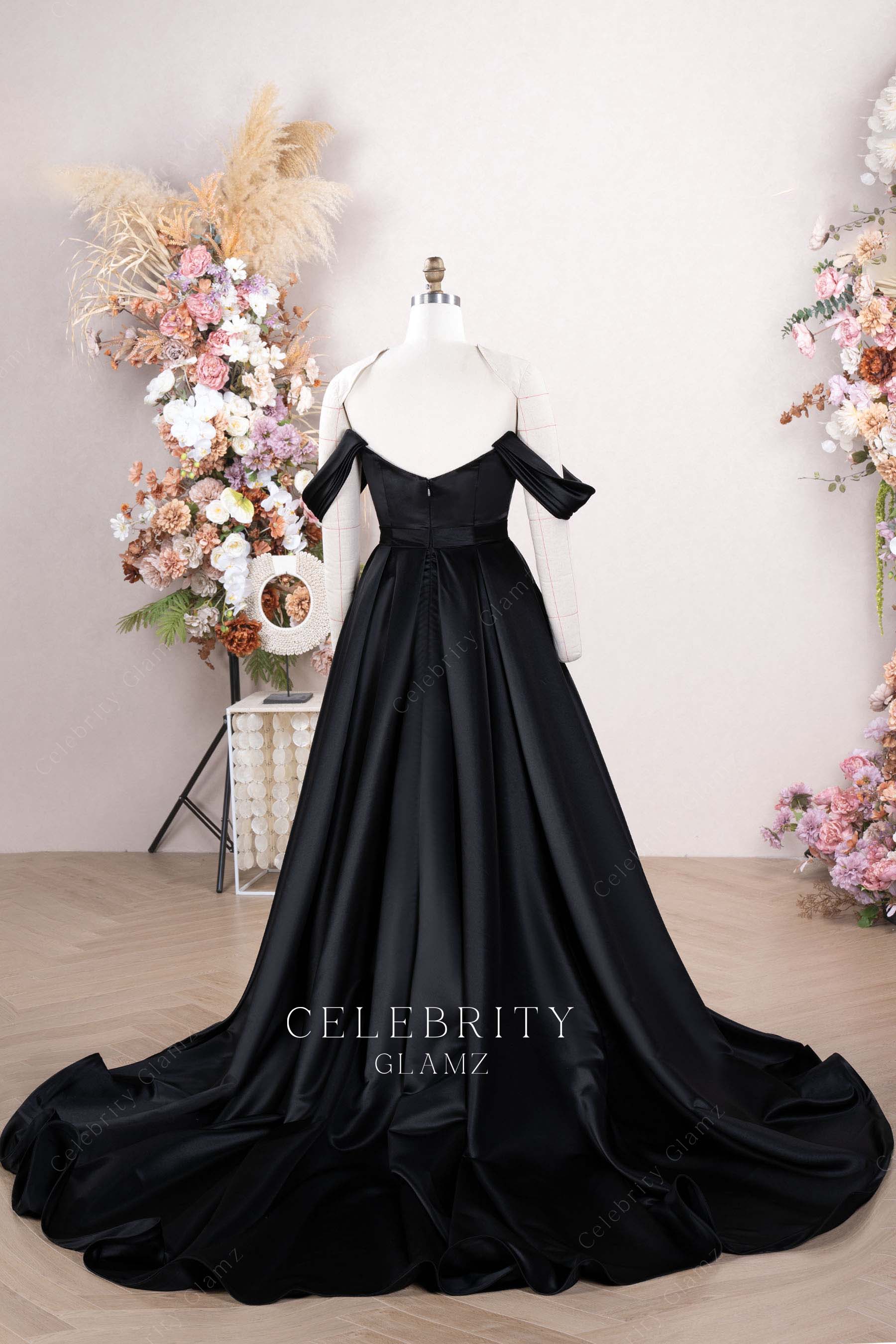 black satin long train wedding dress